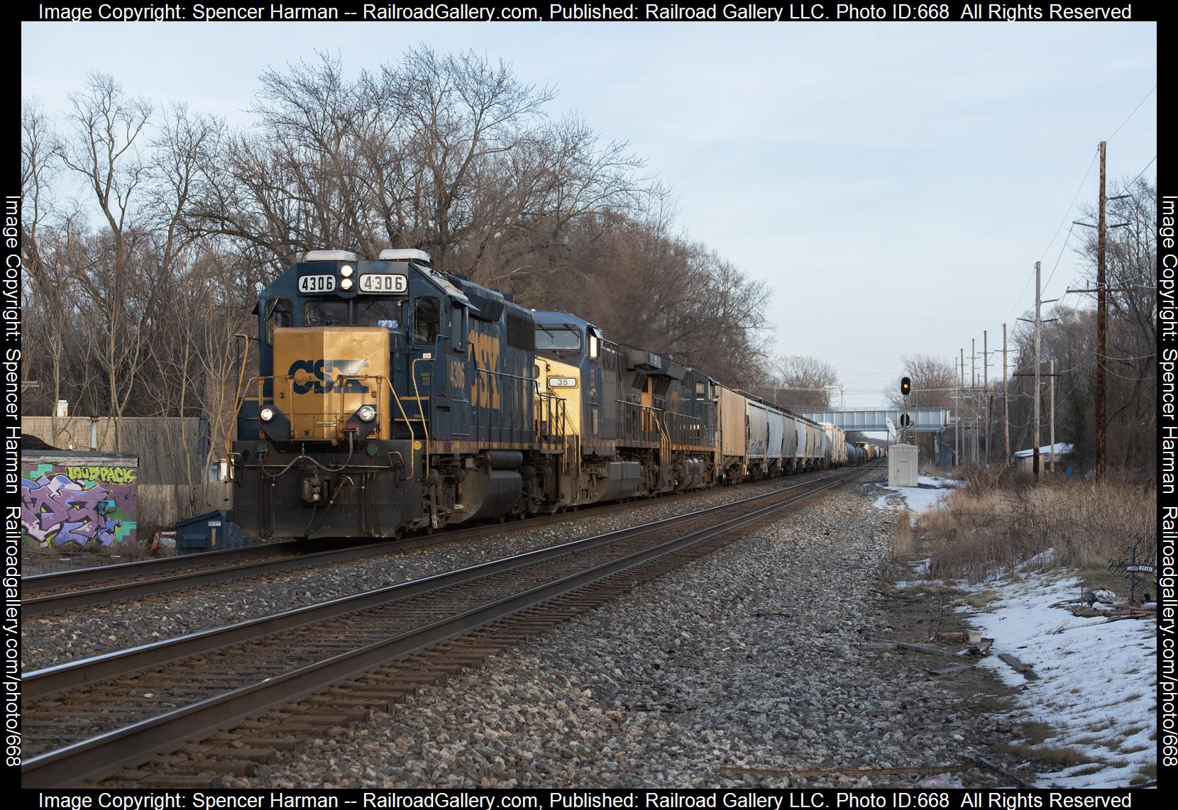 CSXT 4306 is a class EMD GP39-2 and  is pictured in Miller, Indiana, USA.  This was taken along the Barr Subdivision on the CSX Transportation. Photo Copyright: Spencer Harman uploaded to Railroad Gallery on 02/05/2023. This photograph of CSXT 4306 was taken on Saturday, February 04, 2023. All Rights Reserved. 