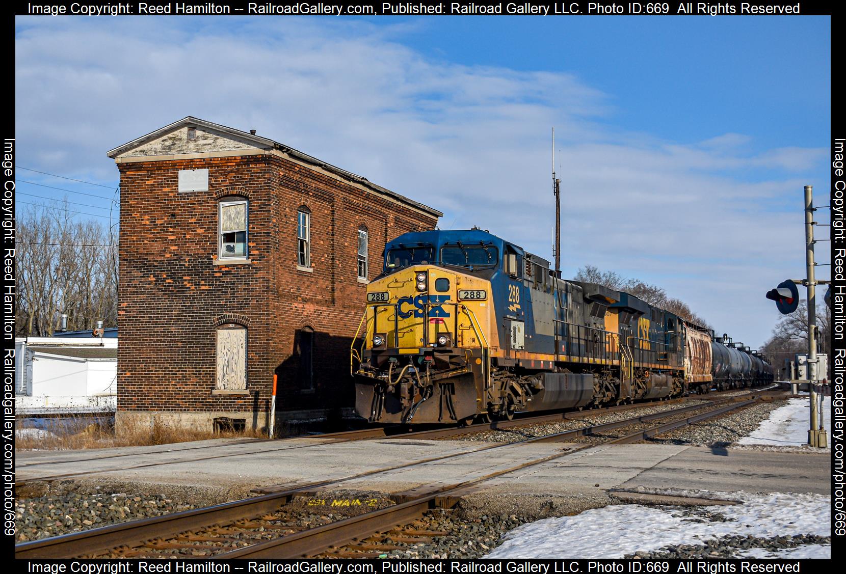 CSXT 288 is a class GE AC4400CW and  is pictured in Walkerton, IN, United States.  This was taken along the Garrett/Willard Subdivision on the CSX Transportation. Photo Copyright: Reed Hamilton uploaded to Railroad Gallery on 02/05/2023. This photograph of CSXT 288 was taken on Monday, February 14, 2022. All Rights Reserved. 