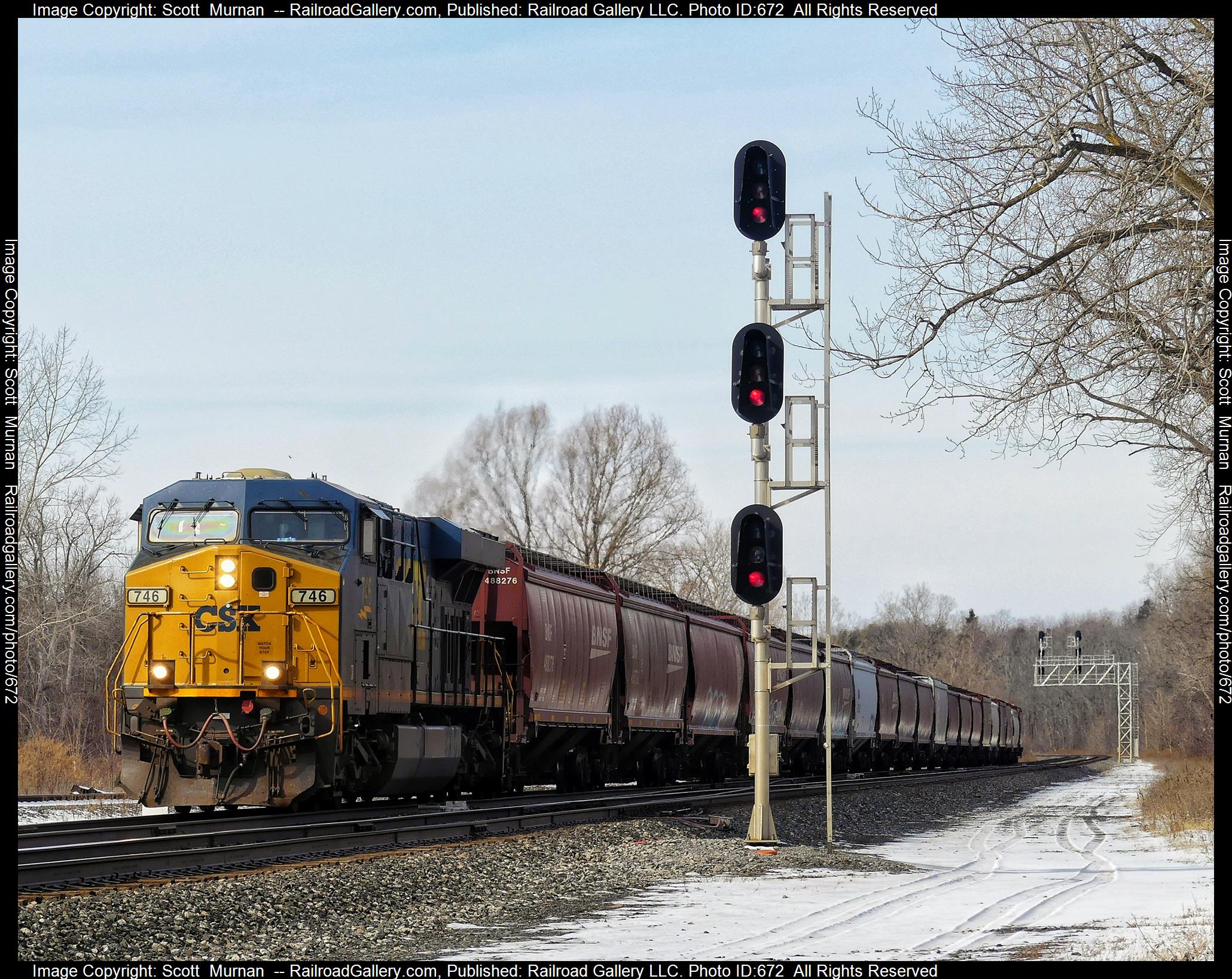 CSX 746 is a class GE ES44AC and  is pictured in Perinton , New York, United States.  This was taken along the Rochester Subdivision  on the CSX Transportation. Photo Copyright: Scott  Murnan  uploaded to Railroad Gallery on 02/06/2023. This photograph of CSX 746 was taken on Sunday, February 05, 2023. All Rights Reserved. 