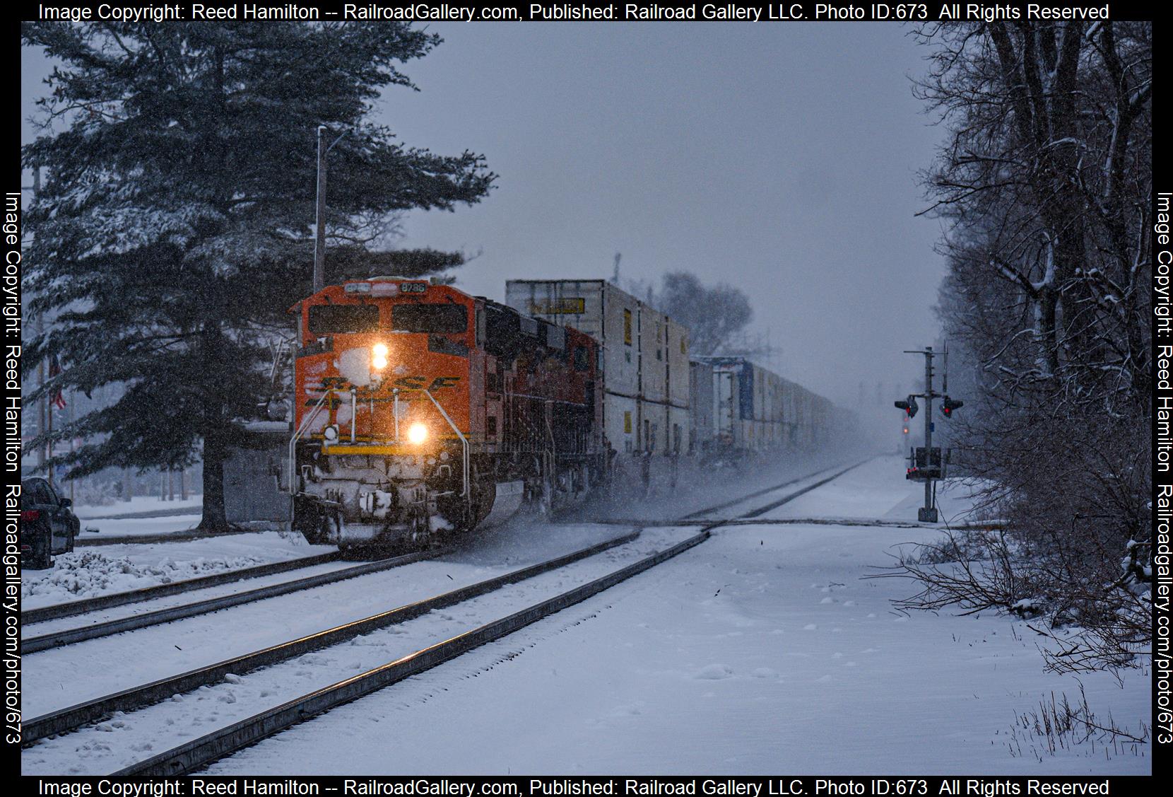 BNSF 8786 is a class EMD SD70ACe and  is pictured in Osceola, IN, United States.  This was taken along the NS Dearborn Division/Chicago Line on the Norfolk Southern. Photo Copyright: Reed Hamilton uploaded to Railroad Gallery on 02/06/2023. This photograph of BNSF 8786 was taken on Wednesday, January 25, 2023. All Rights Reserved. 