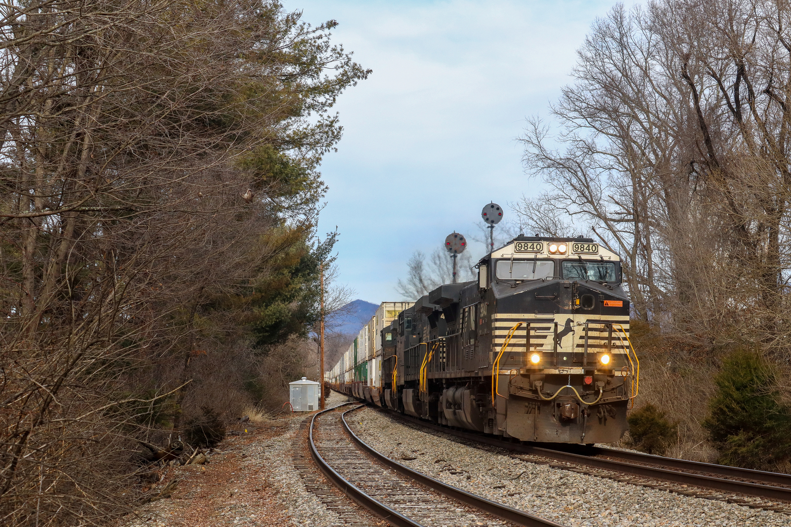 NS 9840 is a class GE C40-9W (Dash 9-40CW) and  is pictured in Waynesboro , Virginia, USA.  This was taken along the NS Hagerstown District/line on the Norfolk Southern Railway. Photo Copyright: Robby Lefkowitz uploaded to Railroad Gallery on 02/07/2023. This photograph of NS 9840 was taken on Sunday, February 05, 2023. All Rights Reserved. 