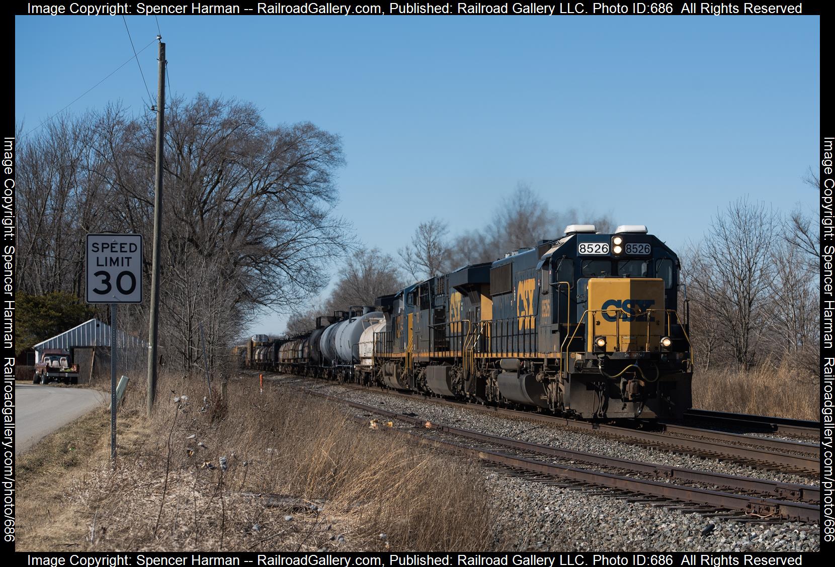 CSXT 8526 is a class EMD SD50 and  is pictured in Kimmel, Indiana, USA.  This was taken along the Garrett Subdivision on the CSX Transportation. Photo Copyright: Spencer Harman uploaded to Railroad Gallery on 02/11/2023. This photograph of CSXT 8526 was taken on Saturday, February 11, 2023. All Rights Reserved. 