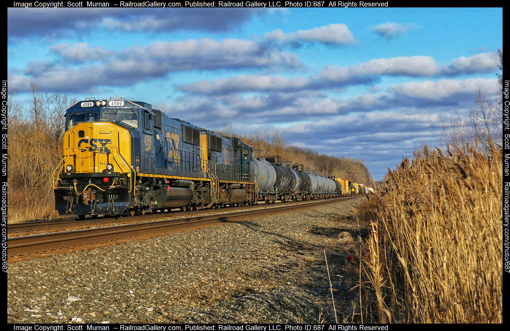 CSX 4589 is a class EMD SD70MAC and  is pictured in Wayneport , New York, United States.  This was taken along the Rochester Subdivision  on the CSX Transportation. Photo Copyright: Scott  Murnan  uploaded to Railroad Gallery on 02/11/2023. This photograph of CSX 4589 was taken on Saturday, February 11, 2023. All Rights Reserved. 