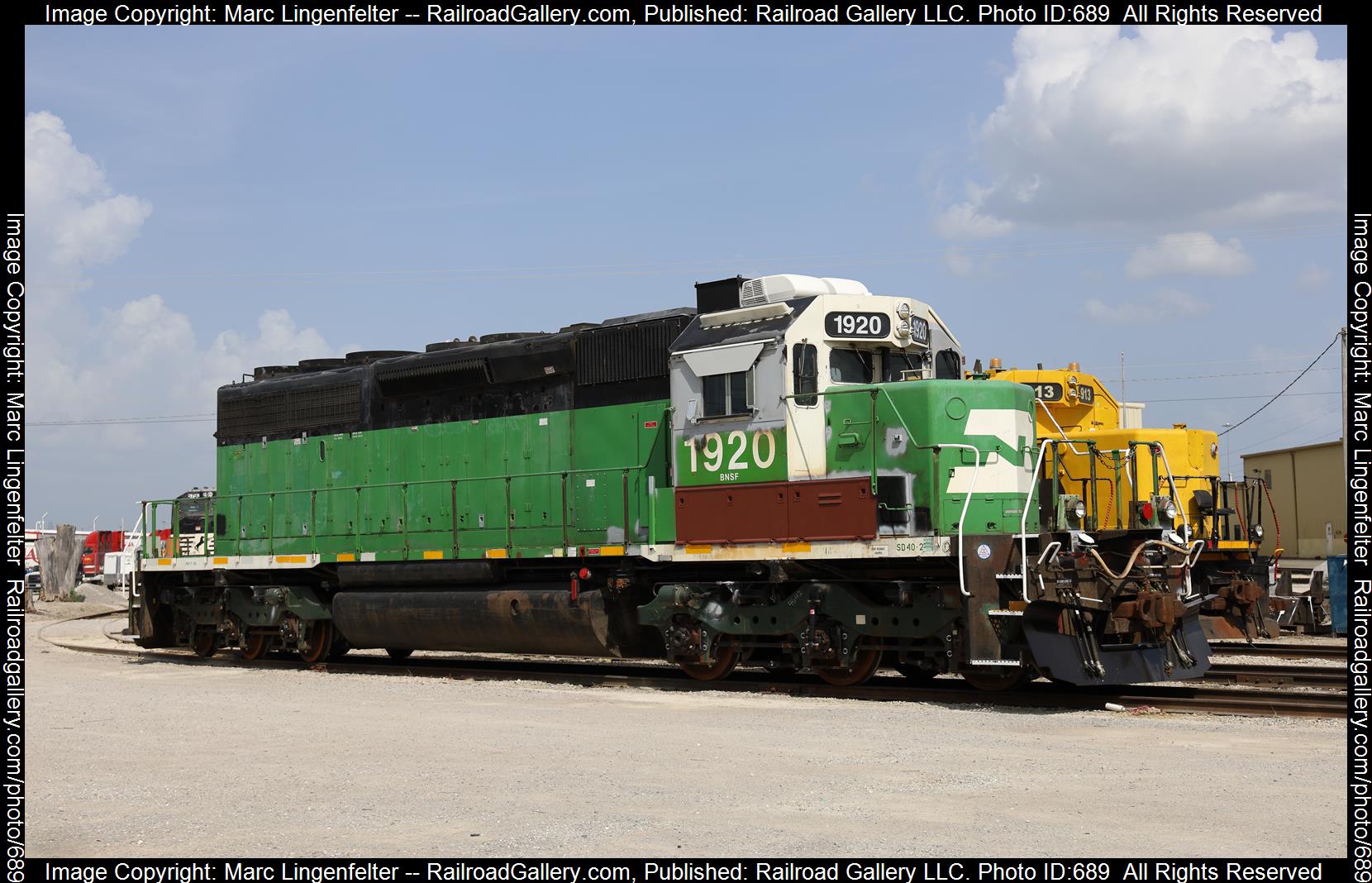 BNSF 1920 is a class EMD SD40-2 and  is pictured in Kansas City, Missouri, USA.  This was taken along the None on the BNSF Railway. Photo Copyright: Marc Lingenfelter uploaded to Railroad Gallery on 02/12/2023. This photograph of BNSF 1920 was taken on Saturday, June 18, 2022. All Rights Reserved. 