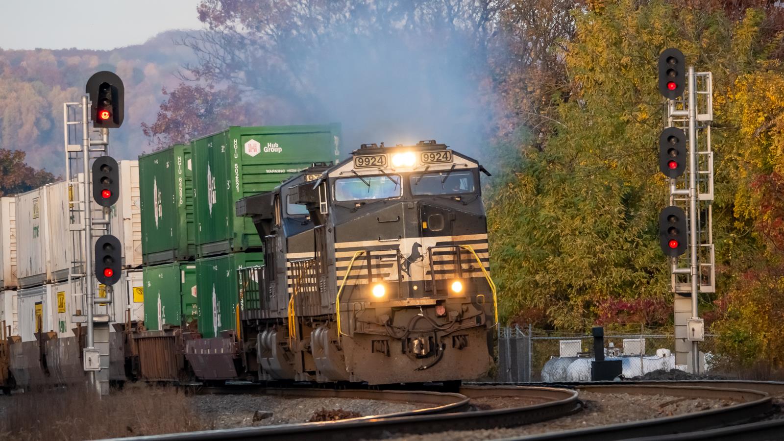 9924 is a class GE C40-9W (Dash 9-40CW) and  is pictured in Wyomissing, Pennsylvania, United States.  This was taken along the Norfolk Southern Harrisburg Line on the Norfolk Southern. Photo Copyright: Sean McCaughey uploaded to Railroad Gallery on 11/12/2022. This photograph of 9924 was taken on Sunday, October 30, 2022. All Rights Reserved. 