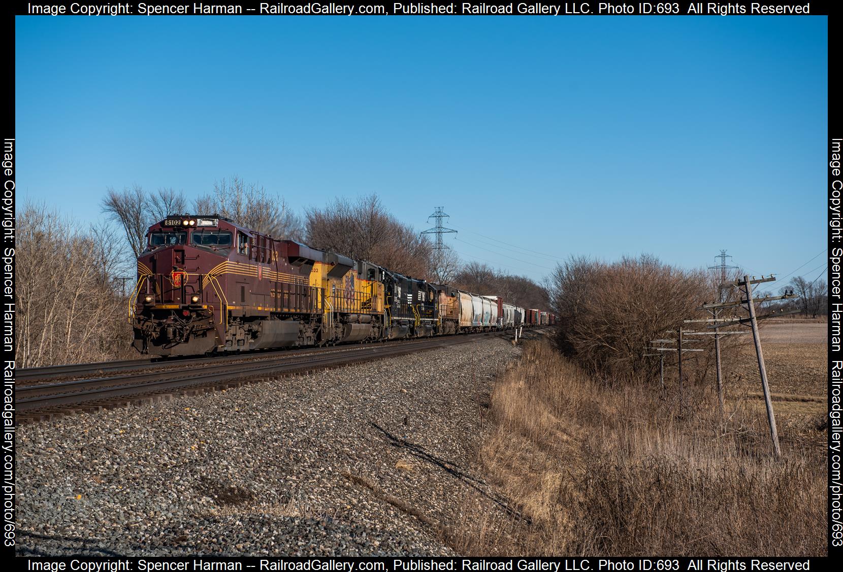 NS 8102 is a class GE ES44AC and  is pictured in Brimfield, Indiana, USA.  This was taken along the Chicago Line on the Norfolk Southern Railway. Photo Copyright: Spencer Harman uploaded to Railroad Gallery on 02/13/2023. This photograph of NS 8102 was taken on Monday, February 13, 2023. All Rights Reserved. 