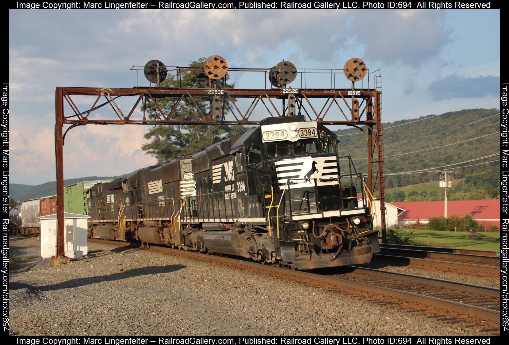 NS 3394 is a class EMD SD40-2 and  is pictured in Tipton, Pennsylvania, USA.  This was taken along the NS Pittsburgh Line on the Norfolk Southern. Photo Copyright: Marc Lingenfelter uploaded to Railroad Gallery on 02/15/2023. This photograph of NS 3394 was taken on Monday, September 03, 2018. All Rights Reserved. 