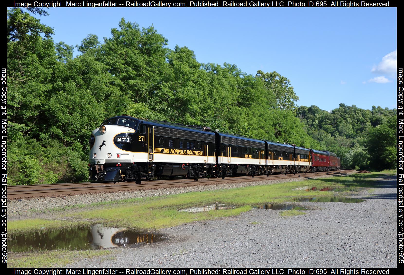 NS 4271 is a class EMD F9A and  is pictured in Union Furnace, Pennsylvania, USA.  This was taken along the NS Pittsburgh Line on the Norfolk Southern. Photo Copyright: Marc Lingenfelter uploaded to Railroad Gallery on 02/15/2023. This photograph of NS 4271 was taken on Friday, June 21, 2019. All Rights Reserved. 