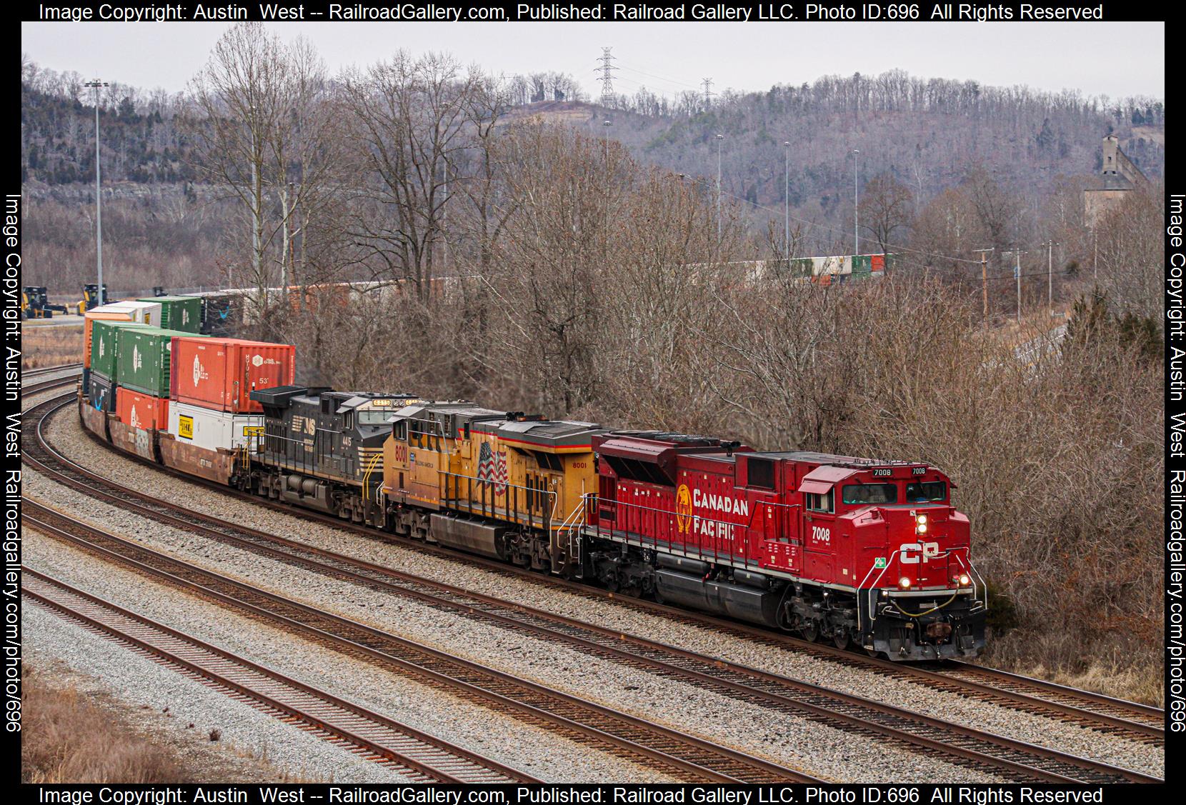 CP 7008 is a class EMD SD70ACU and  is pictured in Prichard, West Virginia, USA.  This was taken along the Kenova District  on the Canadian Pacific . Photo Copyright: Austin  West uploaded to Railroad Gallery on 02/15/2023. This photograph of CP 7008 was taken on Sunday, January 08, 2023. All Rights Reserved. 