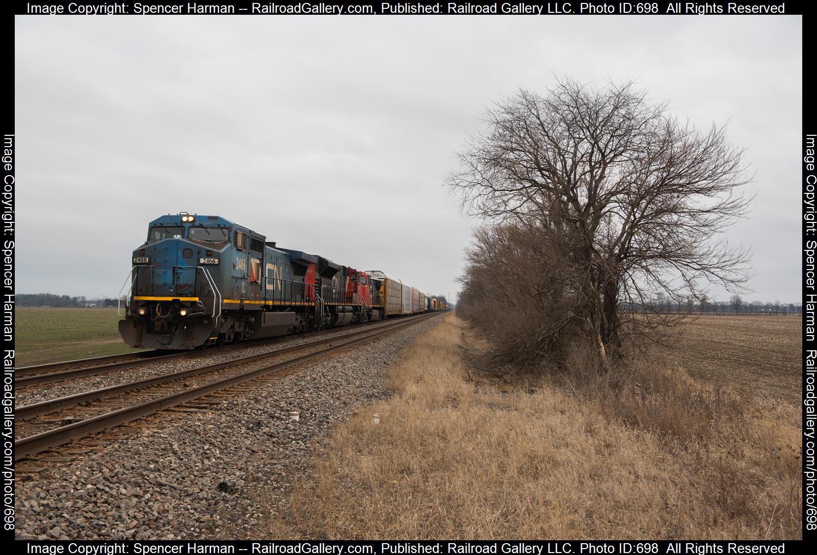 IC 2466 is a class GE C40-8W (Dash 8-40CW) and  is pictured in Wellsboro, Indiana, USA.  This was taken along the South Bend Subdivision on the Canadian National Railway. Photo Copyright: Spencer Harman uploaded to Railroad Gallery on 02/16/2023. This photograph of IC 2466 was taken on Thursday, February 16, 2023. All Rights Reserved. 