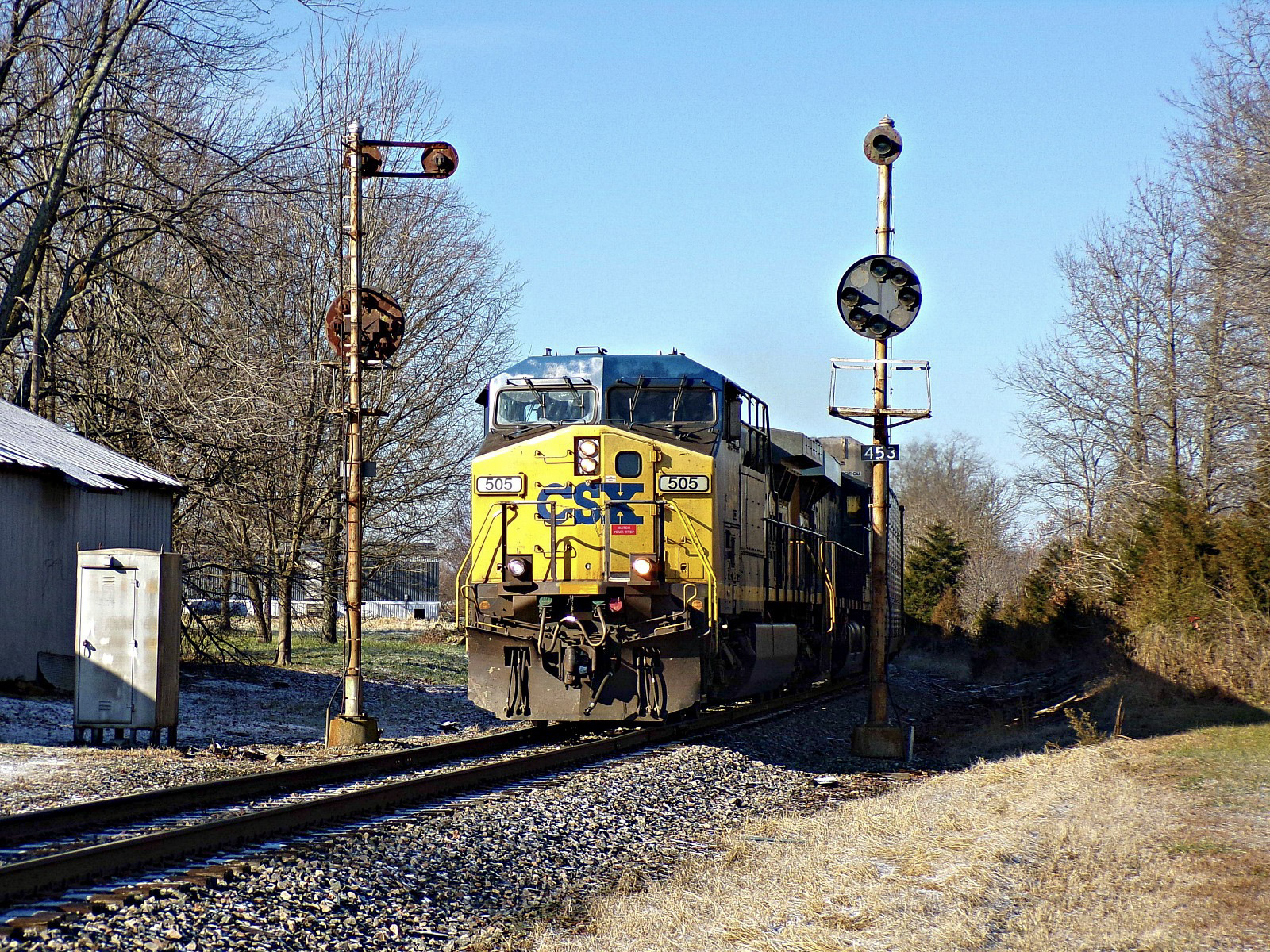 CSXT 505 is a class GE AC4400CW and  is pictured in Pierceville, Indiana, United States.  This was taken along the Indiana Subdivision on the CSX Transportation. Photo Copyright: David Rohdenburg uploaded to Railroad Gallery on 02/16/2023. This photograph of CSXT 505 was taken on Friday, December 07, 2018. All Rights Reserved. 