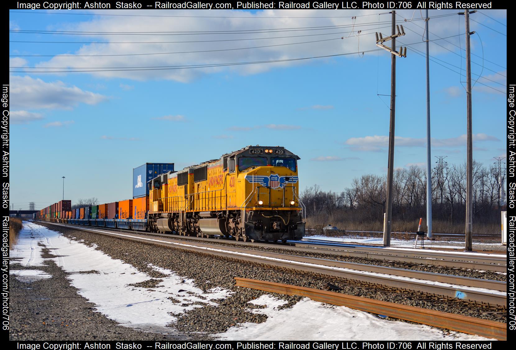 4201 is a class SD70M  and  is pictured in Gary , Indiana , United States .  This was taken along the Chicago Line  on the Union Pacific Railroad. Photo Copyright: Ashton  Stasko  uploaded to Railroad Gallery on 02/18/2023. This photograph of 4201 was taken on Friday, February 17, 2023. All Rights Reserved. 