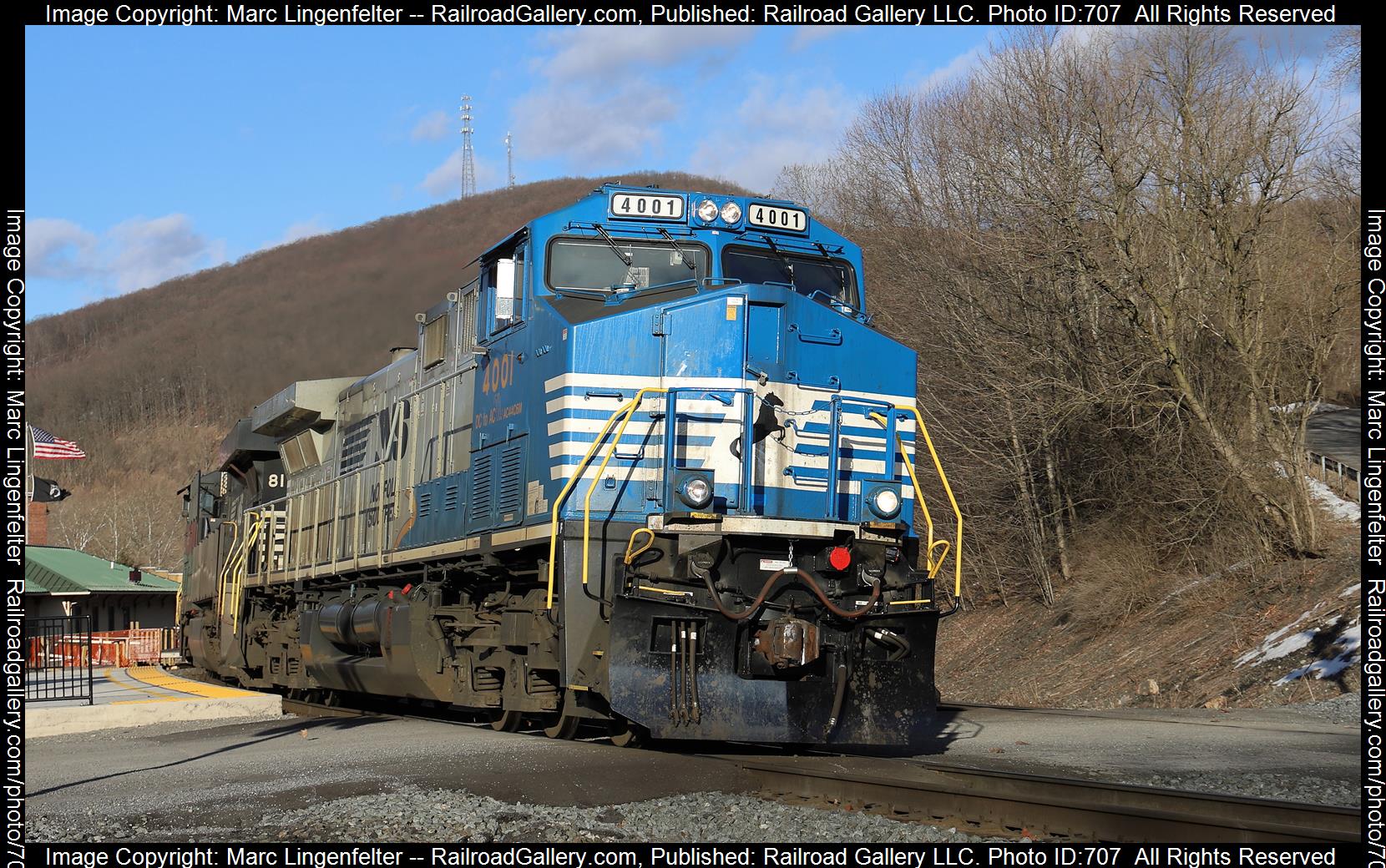 NS 4001 is a class GE AC44C6M and  is pictured in Tyrone, Pennsylvania, USA.  This was taken along the NS Pittsburgh Line on the Norfolk Southern. Photo Copyright: Marc Lingenfelter uploaded to Railroad Gallery on 02/18/2023. This photograph of NS 4001 was taken on Friday, March 05, 2021. All Rights Reserved. 