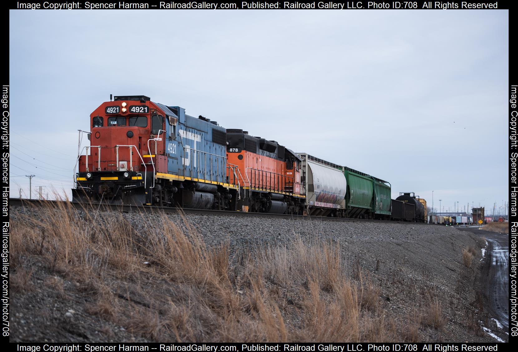 GTW 4921 is a class EMD GP38-2 and  is pictured in Gary, Indiana, USA.  This was taken along the Matteson Subdivision on the Canadian National Railway. Photo Copyright: Spencer Harman uploaded to Railroad Gallery on 02/18/2023. This photograph of GTW 4921 was taken on Saturday, February 18, 2023. All Rights Reserved. 