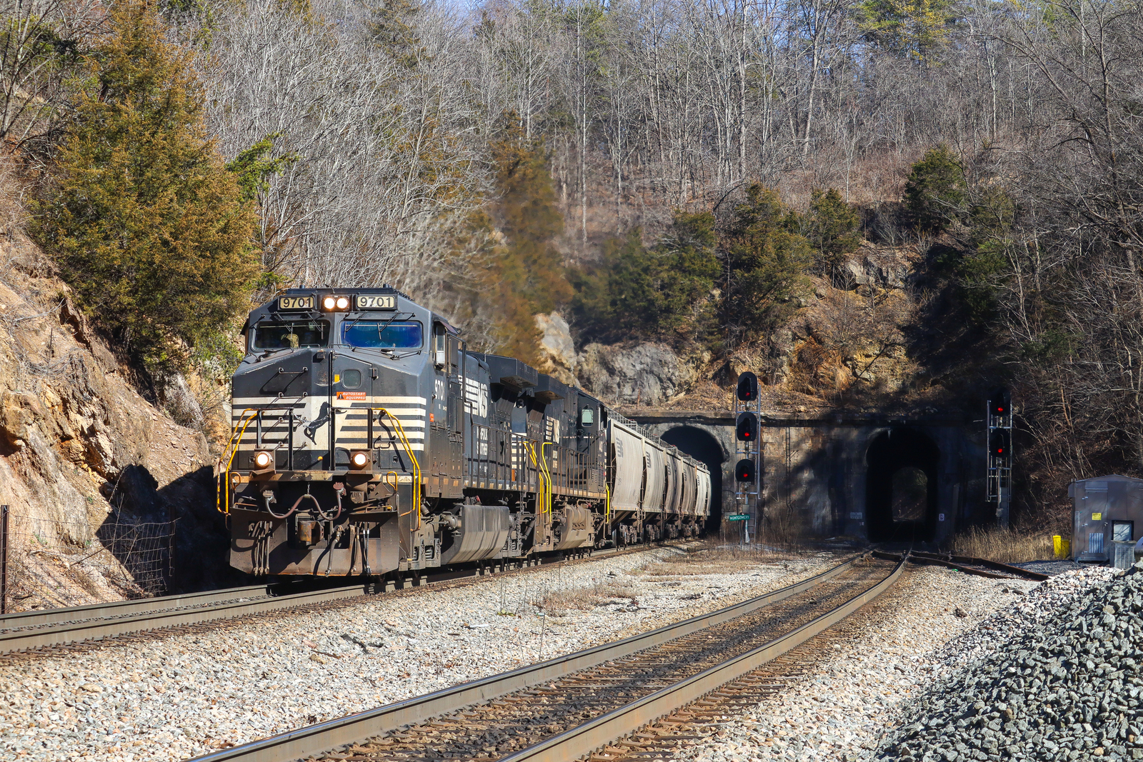 NS 9701 is a class GE C44-9W (Dash 9-44CW) and  is pictured in Montgomery , Virginia, USA.  This was taken along the NS Christiansburg District  on the Norfolk Southern Railway. Photo Copyright: Robby Lefkowitz uploaded to Railroad Gallery on 02/20/2023. This photograph of NS 9701 was taken on Saturday, February 18, 2023. All Rights Reserved. 