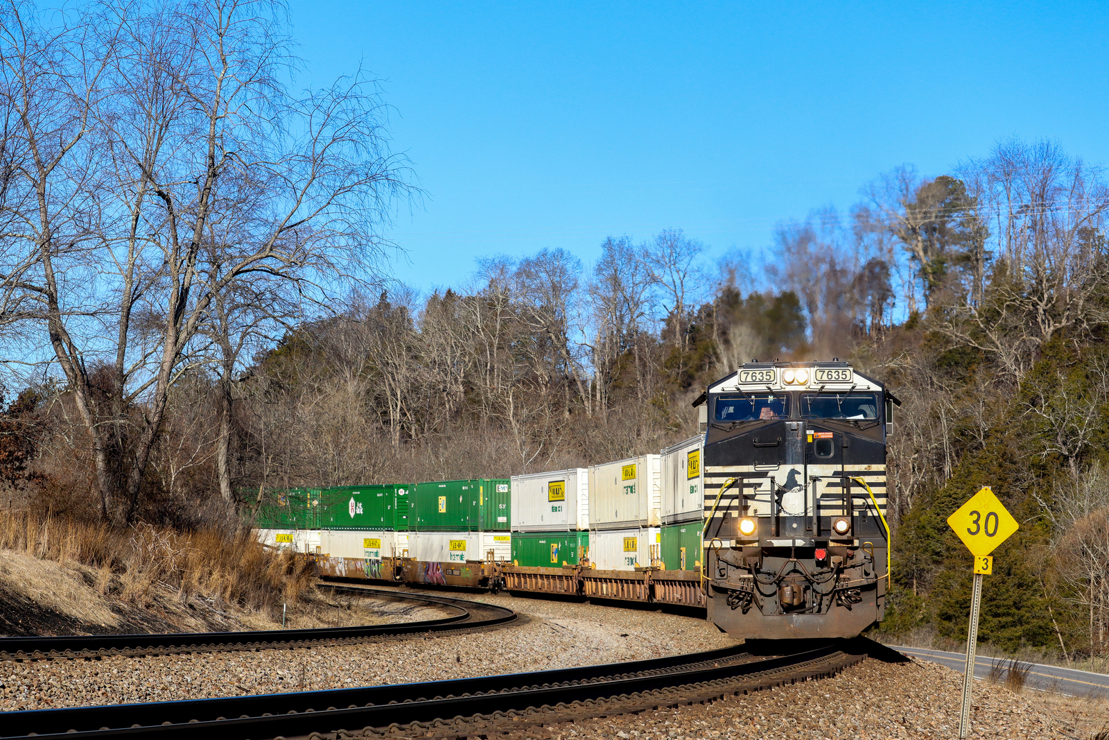 NS 7635 is a class GE ES44DC and  is pictured in Christiansburg, Virginia, USA.  This was taken along the NS Christiansburg District  on the Norfolk Southern Railway. Photo Copyright: Robby Lefkowitz uploaded to Railroad Gallery on 02/20/2023. This photograph of NS 7635 was taken on Saturday, February 18, 2023. All Rights Reserved. 