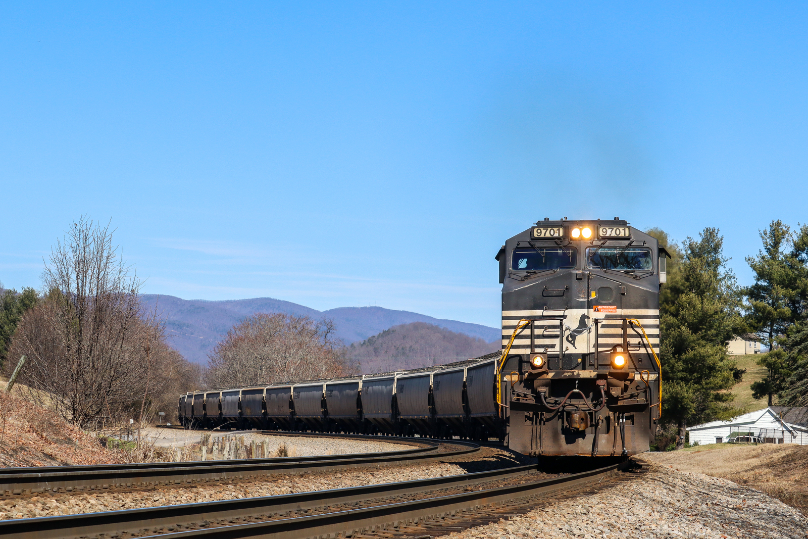 NS 9701 is a class GE C44-9W (Dash 9-44CW) and  is pictured in Shawsville , Virginia, USA.  This was taken along the NS Christiansburg District  on the Norfolk Southern Railway. Photo Copyright: Robby Lefkowitz uploaded to Railroad Gallery on 02/20/2023. This photograph of NS 9701 was taken on Saturday, February 18, 2023. All Rights Reserved. 