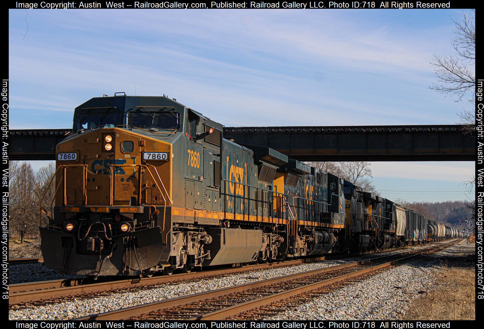 CSXT 7860 is a class GE C40-8W (Dash 8-40CW) and  is pictured in Kenova, West Virginia, USA.  This was taken along the Kanawha Subdivision  on the CSX Transportation. Photo Copyright: Austin  West uploaded to Railroad Gallery on 02/21/2023. This photograph of CSXT 7860 was taken on Sunday, January 15, 2023. All Rights Reserved. 