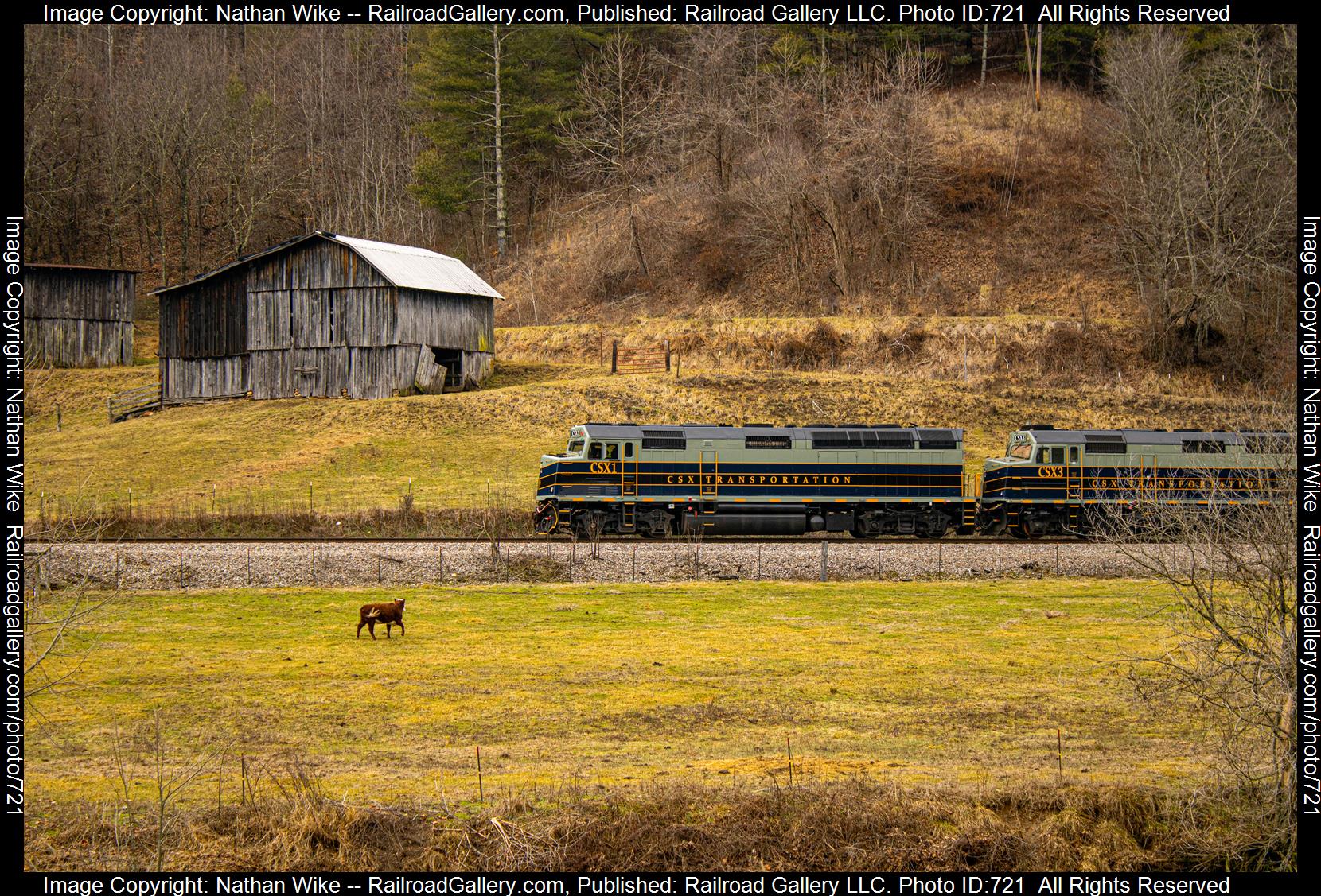 CSXT 1 is a class F40PH and  is pictured in Green Mountain , North Carolina, United States.  This was taken along the Blue Ridge Subdivision  on the CSX Transportation. Photo Copyright: Nathan Wike uploaded to Railroad Gallery on 02/21/2023. This photograph of CSXT 1 was taken on Wednesday, January 18, 2023. All Rights Reserved. 