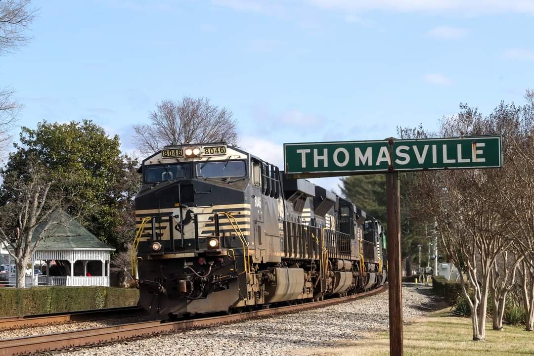 NS 8046 is a class GE ES44AC and  is pictured in Thomasville , North Carolina , USA.  This was taken along the Danville District  on the Norfolk Southern. Photo Copyright: Jaden Howard  uploaded to Railroad Gallery on 02/21/2023. This photograph of NS 8046 was taken on Tuesday, February 21, 2023. All Rights Reserved. 