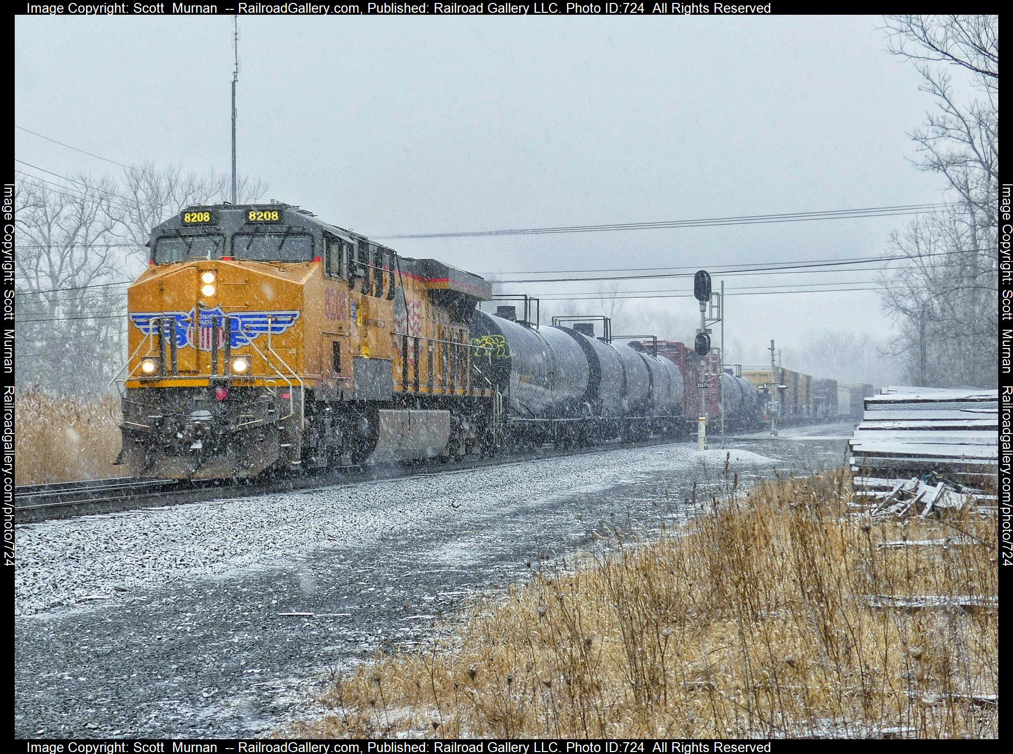 UP 8208 is a class GE ES44AC and  is pictured in Macedon, New York, United States.  This was taken along the Rochester Subdivision  on the CSX Transportation. Photo Copyright: Scott  Murnan  uploaded to Railroad Gallery on 02/22/2023. This photograph of UP 8208 was taken on Wednesday, February 22, 2023. All Rights Reserved. 