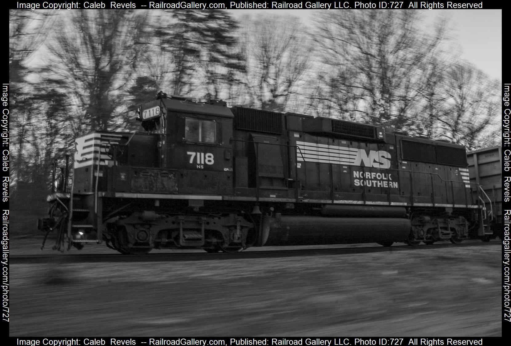 NS 7118 is a class EMD GP60 and  is pictured in Salisbury , North Carolina, USA.  This was taken along the Norfolk Southern N Line  on the Norfolk Southern. Photo Copyright: Caleb  Revels  uploaded to Railroad Gallery on 02/22/2023. This photograph of NS 7118 was taken on Tuesday, December 27, 2022. All Rights Reserved. 