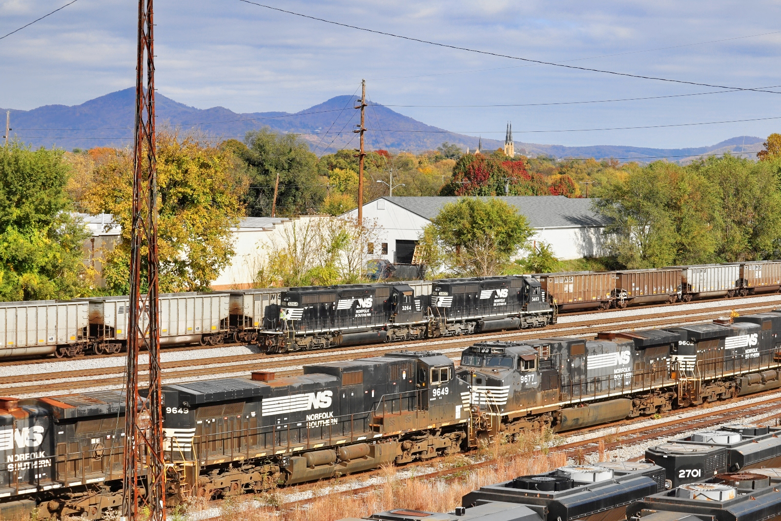 NS 3403 is a class EMD SD40-2 and  is pictured in Roanoke , Virginia, USA.  This was taken along the NS Roanoke District on the Norfolk Southern. Photo Copyright: Robby Lefkowitz uploaded to Railroad Gallery on 11/13/2022. This photograph of NS 3403 was taken on Saturday, October 29, 2022. All Rights Reserved. 