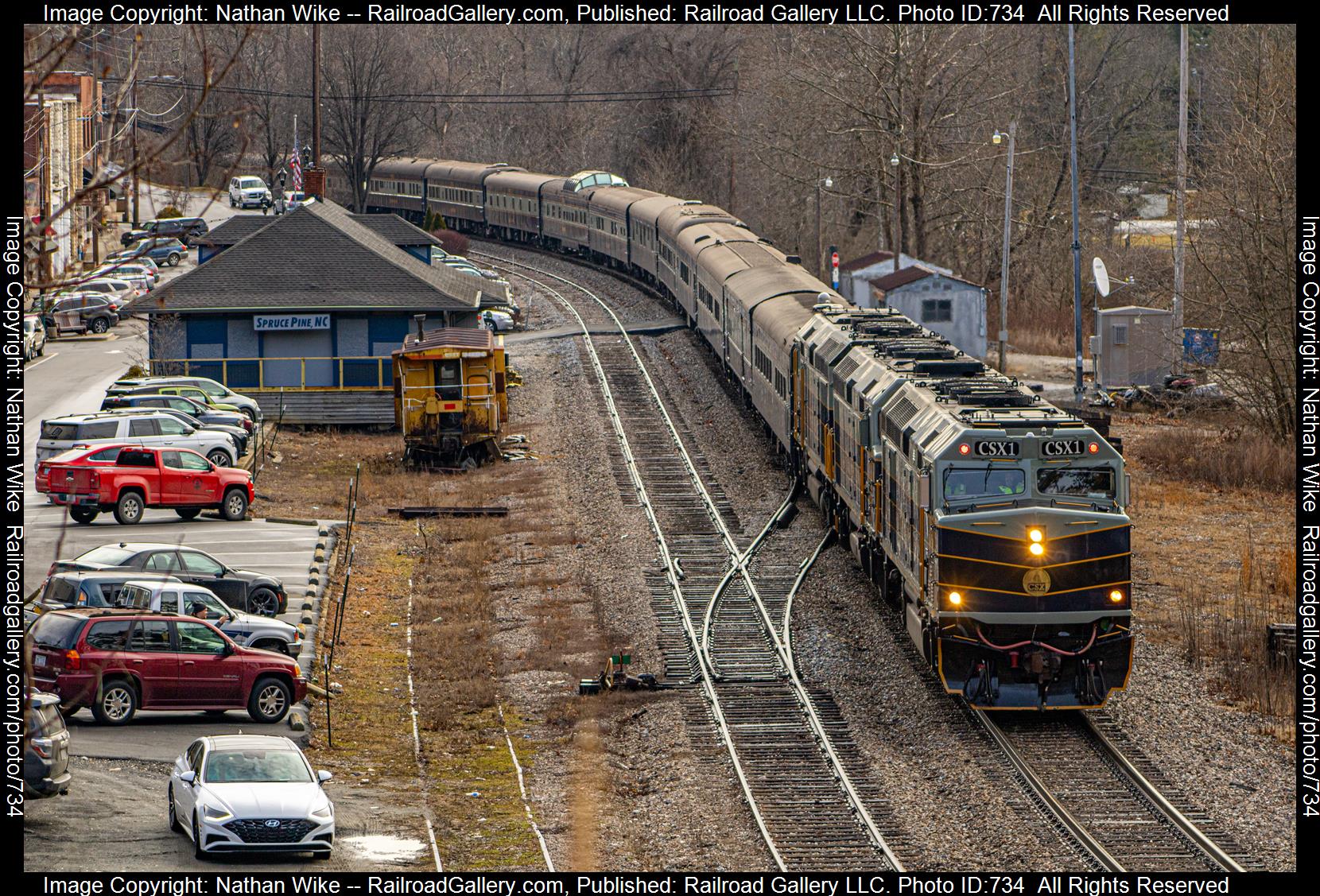 CSXT 1 is a class F40PH and  is pictured in Spruce Pine , North Carolina, United States.  This was taken along the Blue Ridge Subdivision  on the CSX Transportation. Photo Copyright: Nathan Wike uploaded to Railroad Gallery on 02/22/2023. This photograph of CSXT 1 was taken on Wednesday, January 18, 2023. All Rights Reserved. 