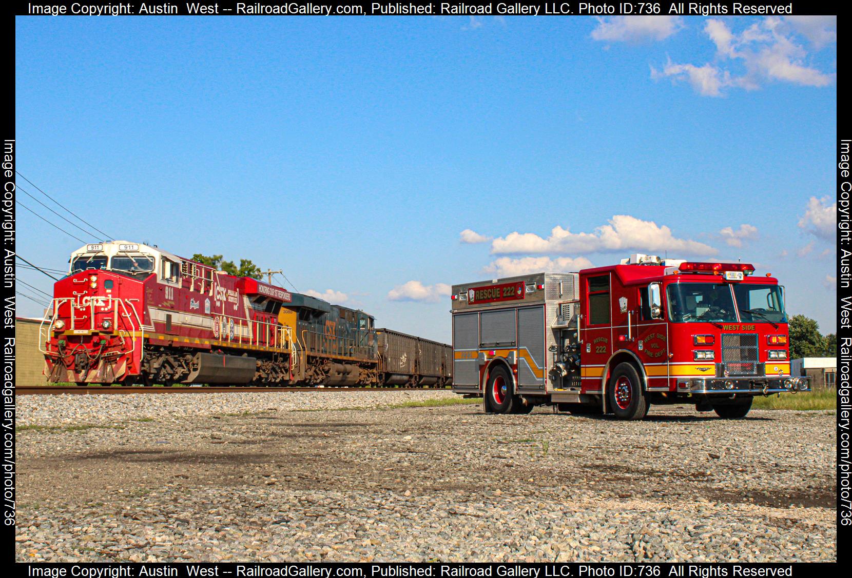 CSXT 911 is a class GE ES44AH and  is pictured in St. Albans, West Virginia, USA.  This was taken along the Kanawha Subdivision  on the CSX Transportation. Photo Copyright: Austin  West uploaded to Railroad Gallery on 02/22/2023. This photograph of CSXT 911 was taken on Thursday, August 18, 2022. All Rights Reserved. 