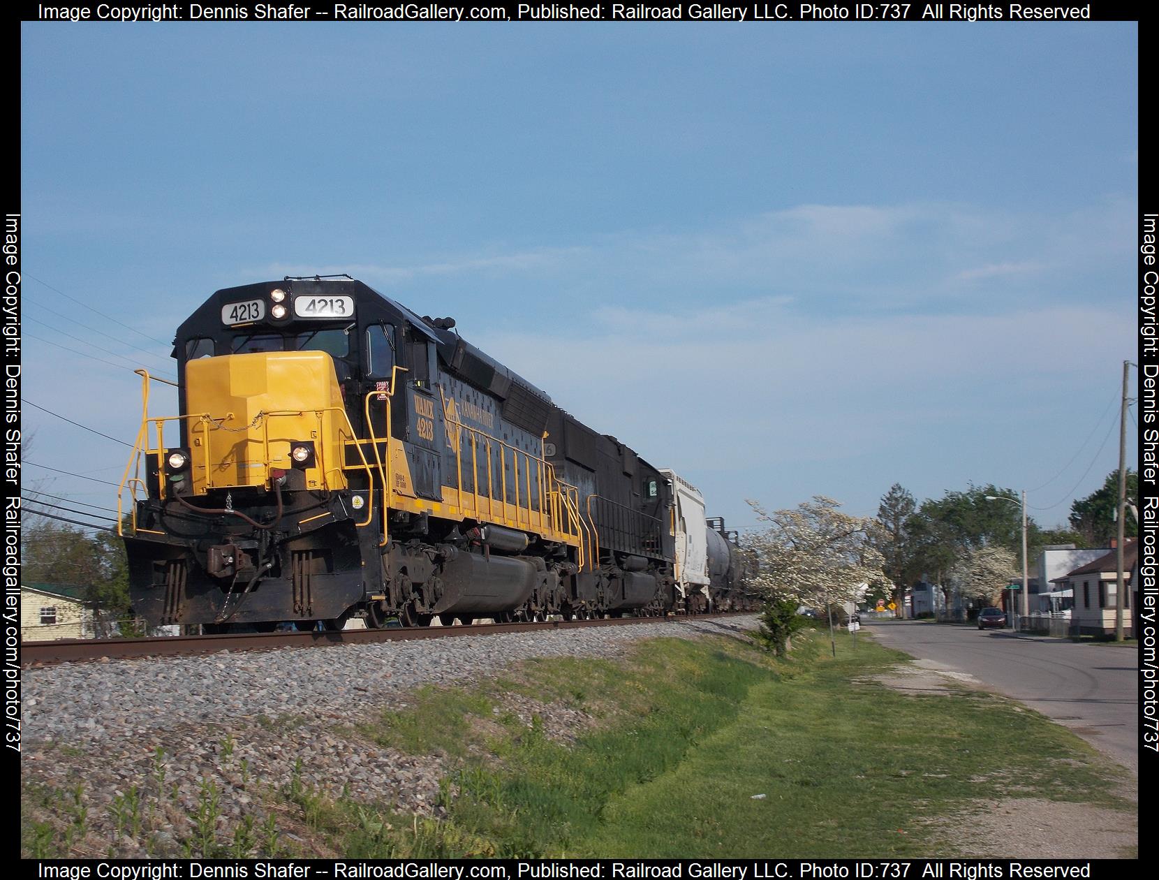 WAMX 4213 is a class SD40M-2 and  is pictured in Dunbar, West Virginia, USA.  This was taken along the West Virginia Secondary on the Kanawha River Railroad. Photo Copyright: Dennis Shafer uploaded to Railroad Gallery on 02/23/2023. This photograph of WAMX 4213 was taken on Thursday, April 18, 2019. All Rights Reserved. 