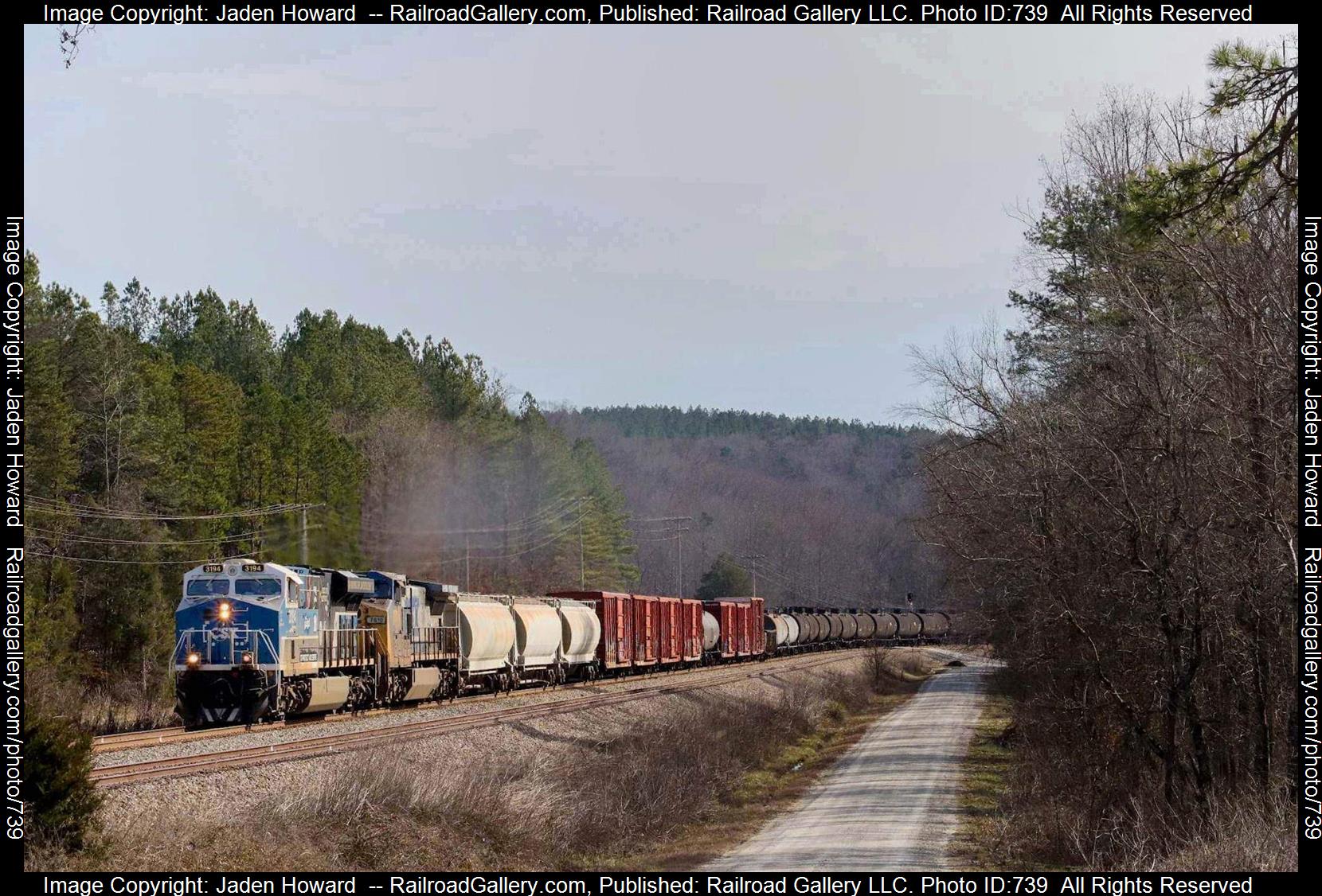 CSX 3194 is a class GE ES44AC and  is pictured in Thermal City , North Carolina, USA.  This was taken along the Blue Ridge Subdivision/Z Line on the CSX Transportation. Photo Copyright: Jaden Howard  uploaded to Railroad Gallery on 02/23/2023. This photograph of CSX 3194 was taken on Thursday, February 23, 2023. All Rights Reserved. 