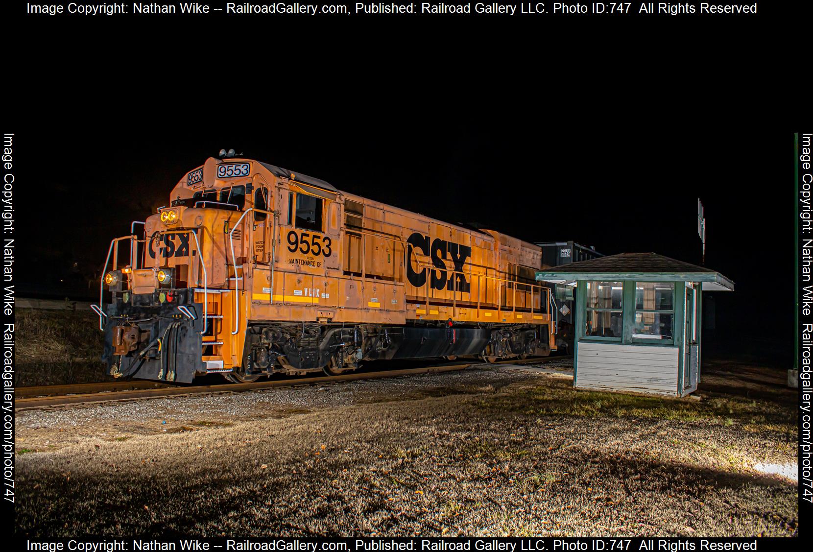 CSXT 9553 is a class U23B and  is pictured in Oak Ridge, Tennessee, United States.  This was taken along the Heritage Railroad on the Heritage Railroad. Photo Copyright: Nathan Wike uploaded to Railroad Gallery on 02/24/2023. This photograph of CSXT 9553 was taken on Friday, January 06, 2023. All Rights Reserved. 