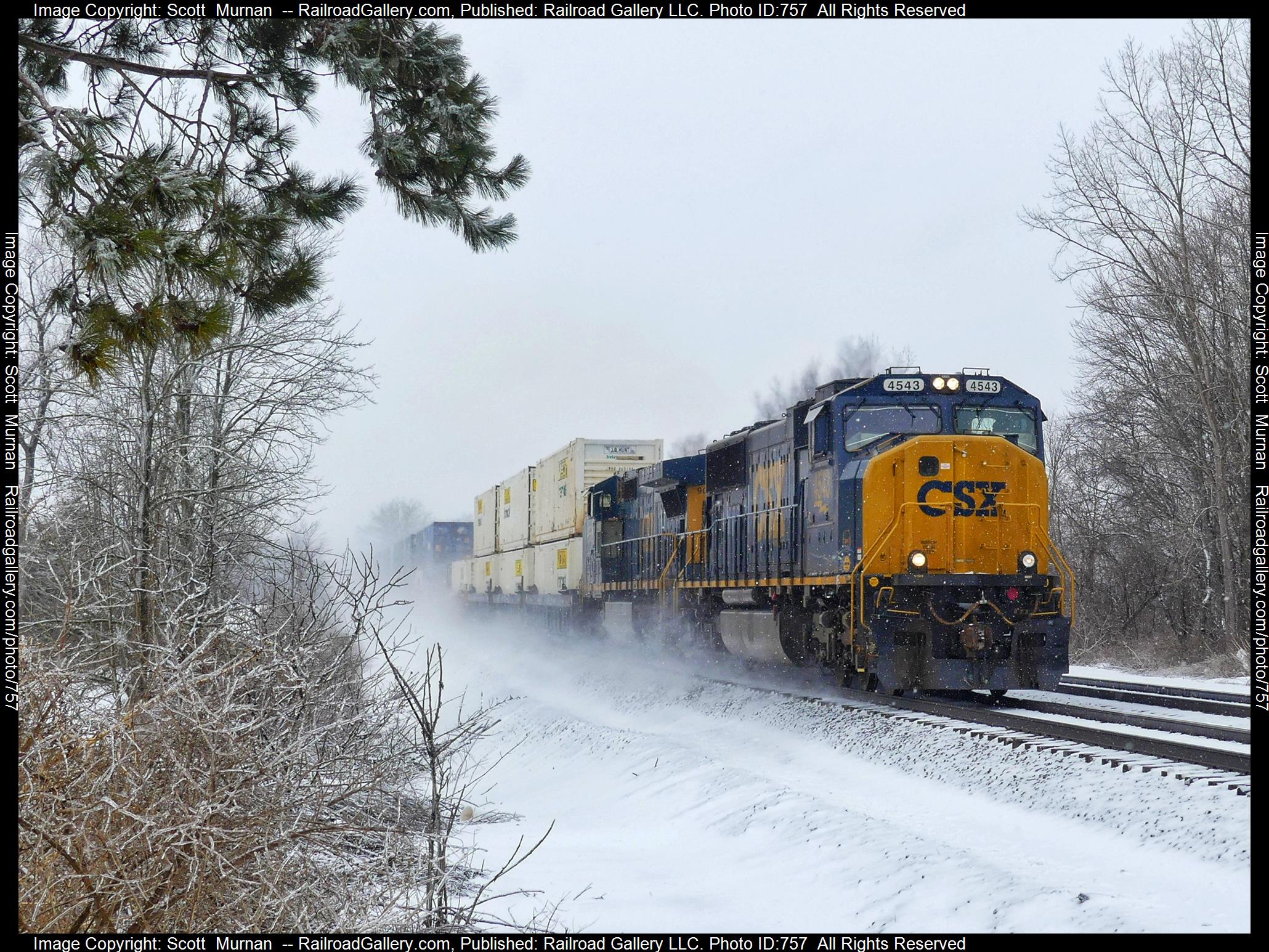 CSX 4543 is a class EMD SD70MAC and  is pictured in Corfu, New York, United States.  This was taken along the Buffalo Terminal Subdivision  on the CSX Transportation. Photo Copyright: Scott  Murnan  uploaded to Railroad Gallery on 02/26/2023. This photograph of CSX 4543 was taken on Saturday, February 25, 2023. All Rights Reserved. 