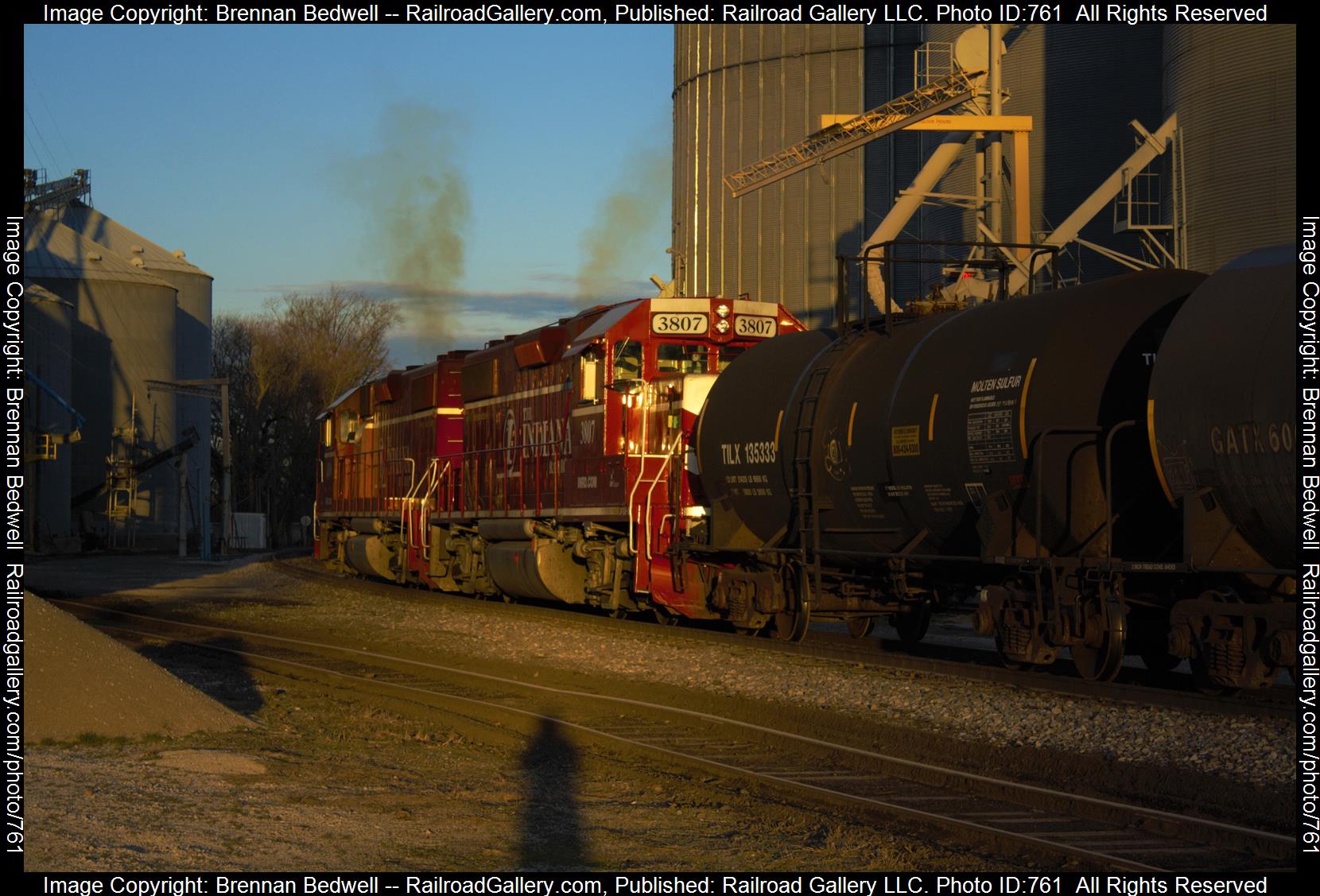 INRD 3807 is a class GP38-2 and  is pictured in Palestine, Illinois, United States.  This was taken along the Indianapolis Subdivision on the Indiana Rail Road. Photo Copyright: Brennan Bedwell uploaded to Railroad Gallery on 02/26/2023. This photograph of INRD 3807 was taken on Sunday, February 19, 2023. All Rights Reserved. 