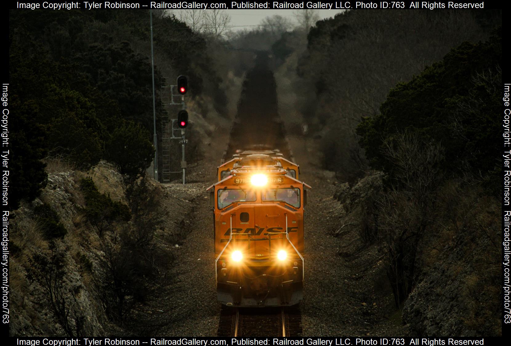 BNSF 9716 is a class SD70MACe and  is pictured in Blum, Texas, USA.  This was taken along the Fort Worth Subdivision on the BNSF Railway. Photo Copyright: Tyler Robinson uploaded to Railroad Gallery on 02/26/2023. This photograph of BNSF 9716 was taken on Sunday, January 29, 2023. All Rights Reserved. 