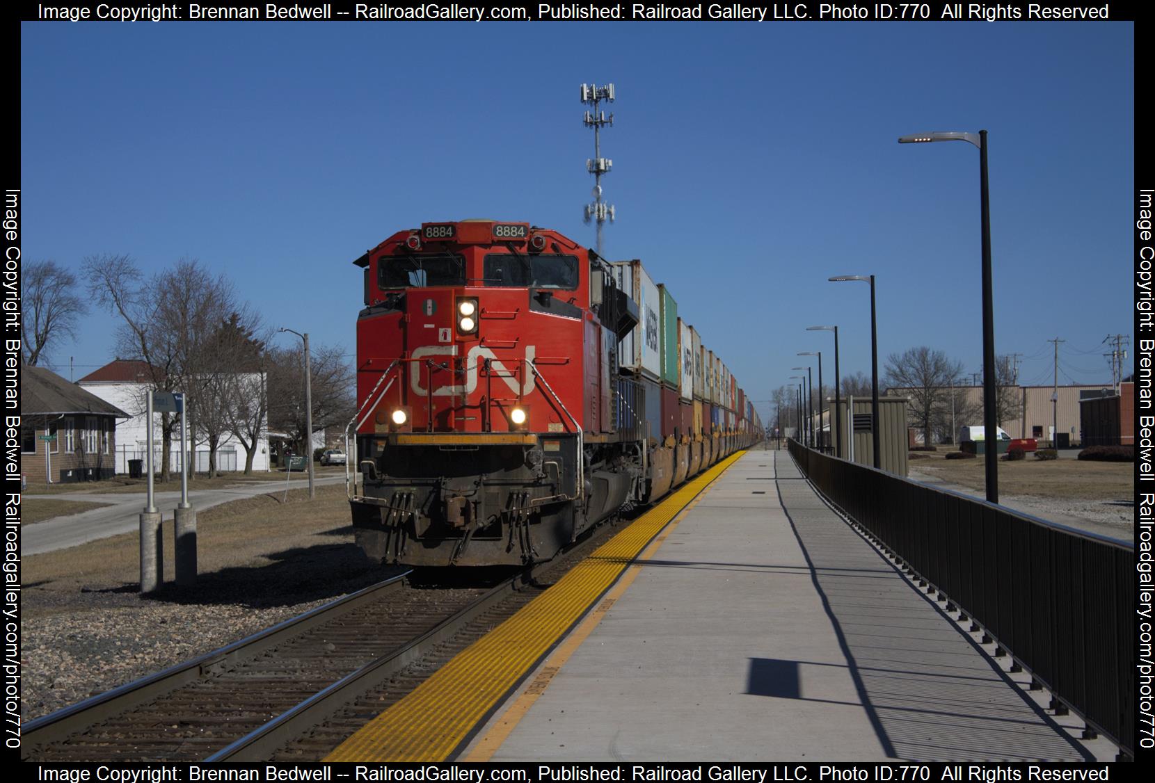CN 8884 is a class SD70M-2 and  is pictured in Effingham, Illinois, United States.  This was taken along the Champaign Subdivision on the Canadian National Railway. Photo Copyright: Brennan Bedwell uploaded to Railroad Gallery on 02/27/2023. This photograph of CN 8884 was taken on Sunday, February 12, 2023. All Rights Reserved. 
