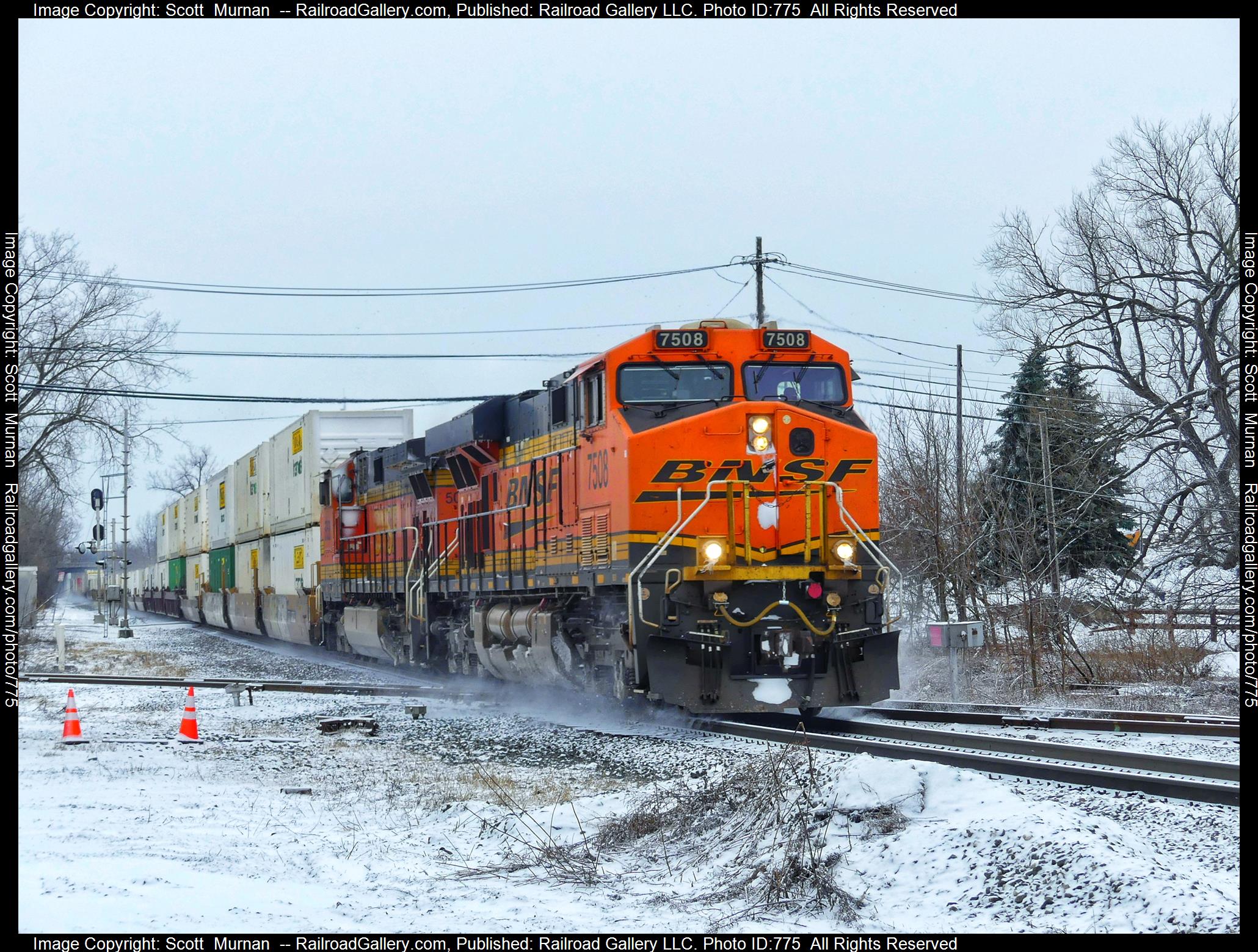 BNSF 7508 is a class GE ES44DC and  is pictured in Blasdell , New York, United States.  This was taken along the Lake Erie District  on the Norfolk Southern. Photo Copyright: Scott  Murnan  uploaded to Railroad Gallery on 02/28/2023. This photograph of BNSF 7508 was taken on Saturday, February 25, 2023. All Rights Reserved. 