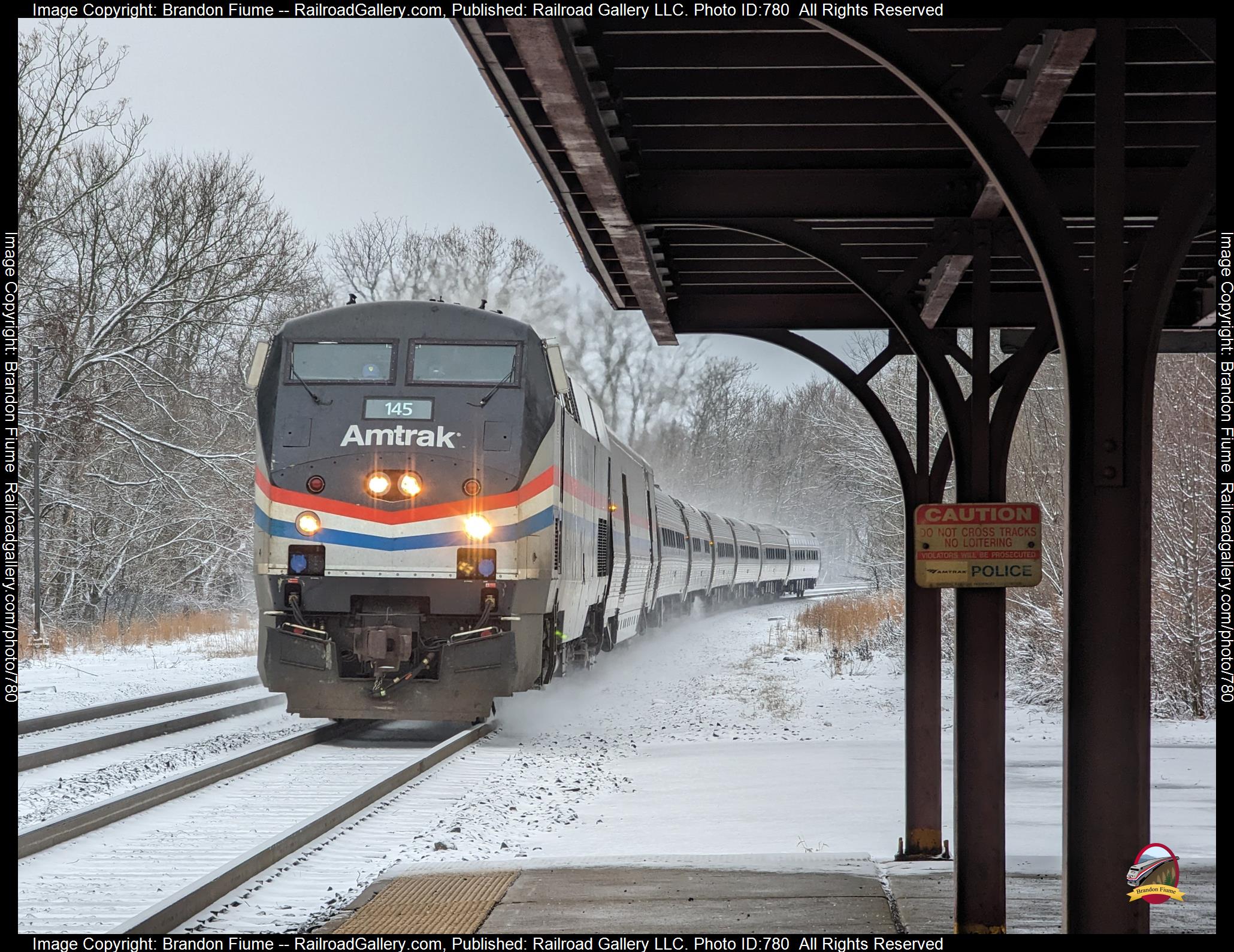 AMTK 145 is a class GE P42DC and  is pictured in Greensburg, Pennsylvania, USA.  This was taken along the Pittsburgh Line on the Amtrak. Photo Copyright: Brandon Fiume uploaded to Railroad Gallery on 02/28/2023. This photograph of AMTK 145 was taken on Tuesday, January 31, 2023. All Rights Reserved. 