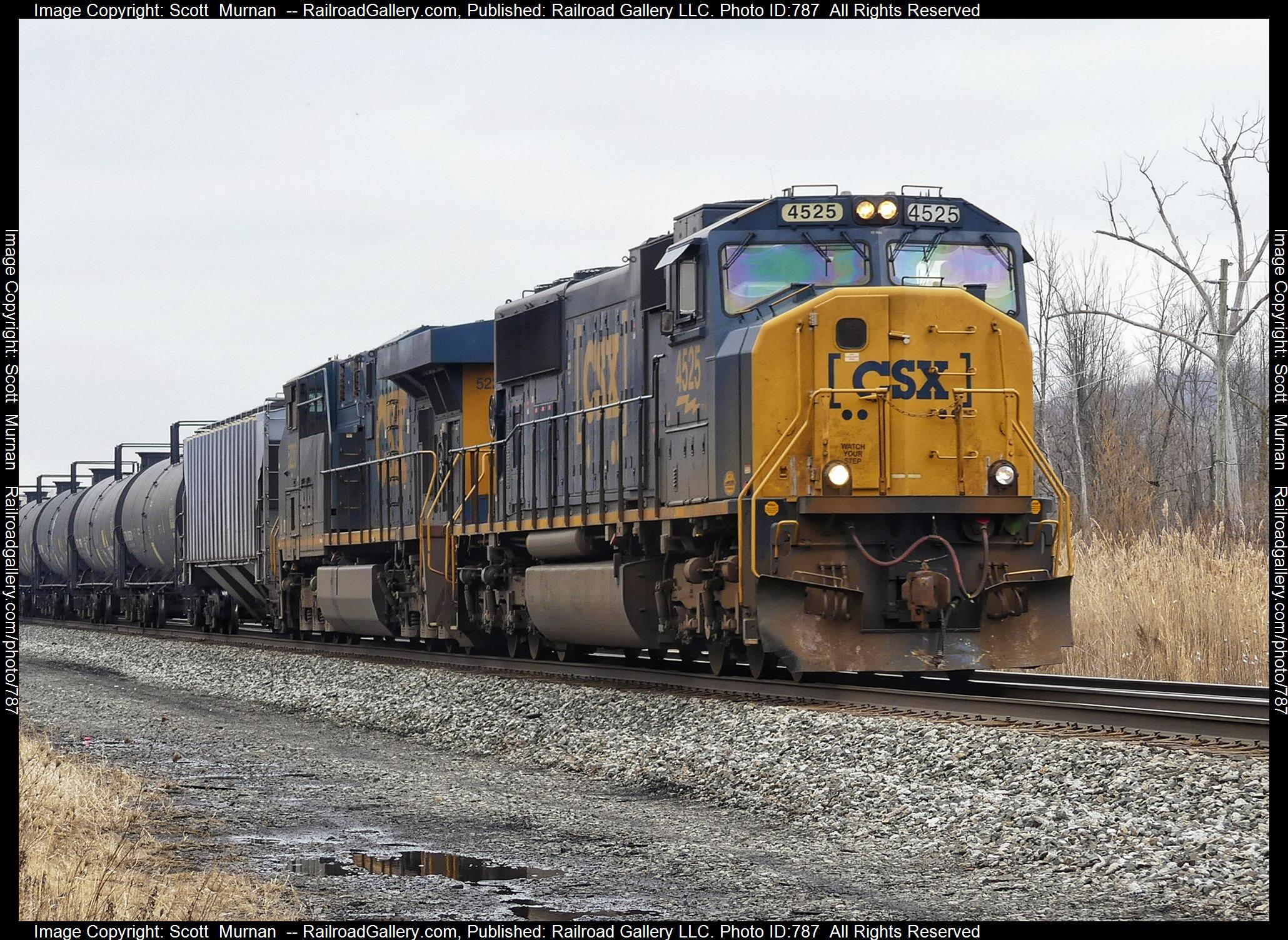 CSX 4525 is a class EMD SD70MAC and  is pictured in Wayneport , New York, United States.  This was taken along the Rochester Subdivision  on the CSX Transportation. Photo Copyright: Scott  Murnan  uploaded to Railroad Gallery on 03/02/2023. This photograph of CSX 4525 was taken on Thursday, March 02, 2023. All Rights Reserved. 