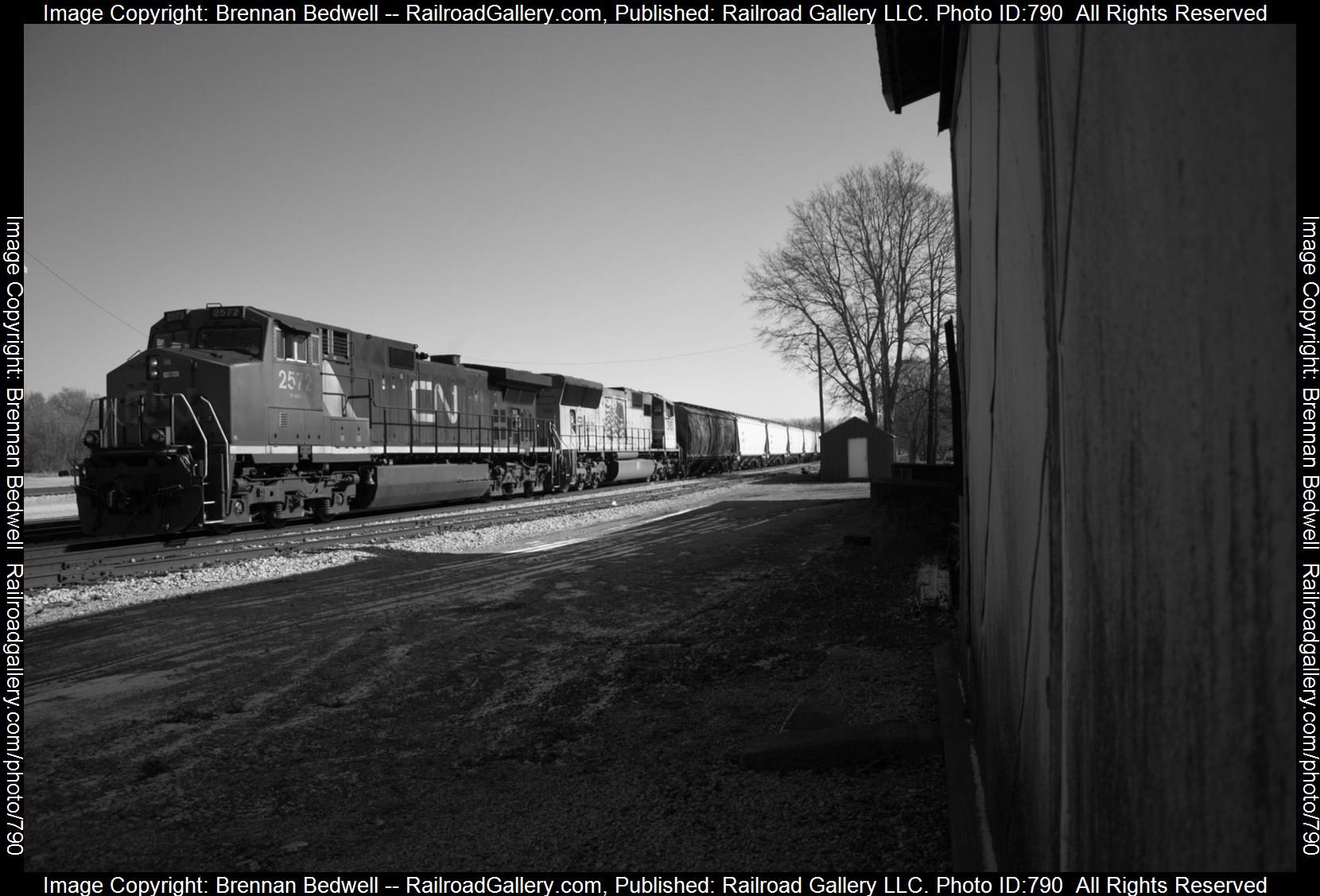 CN 2572 is a class C44-9W and  is pictured in Palestine, Illinois, United States.  This was taken along the Indianapolis Subdivison  on the Canadian National Railway. Photo Copyright: Brennan Bedwell uploaded to Railroad Gallery on 03/02/2023. This photograph of CN 2572 was taken on Saturday, January 29, 2022. All Rights Reserved. 