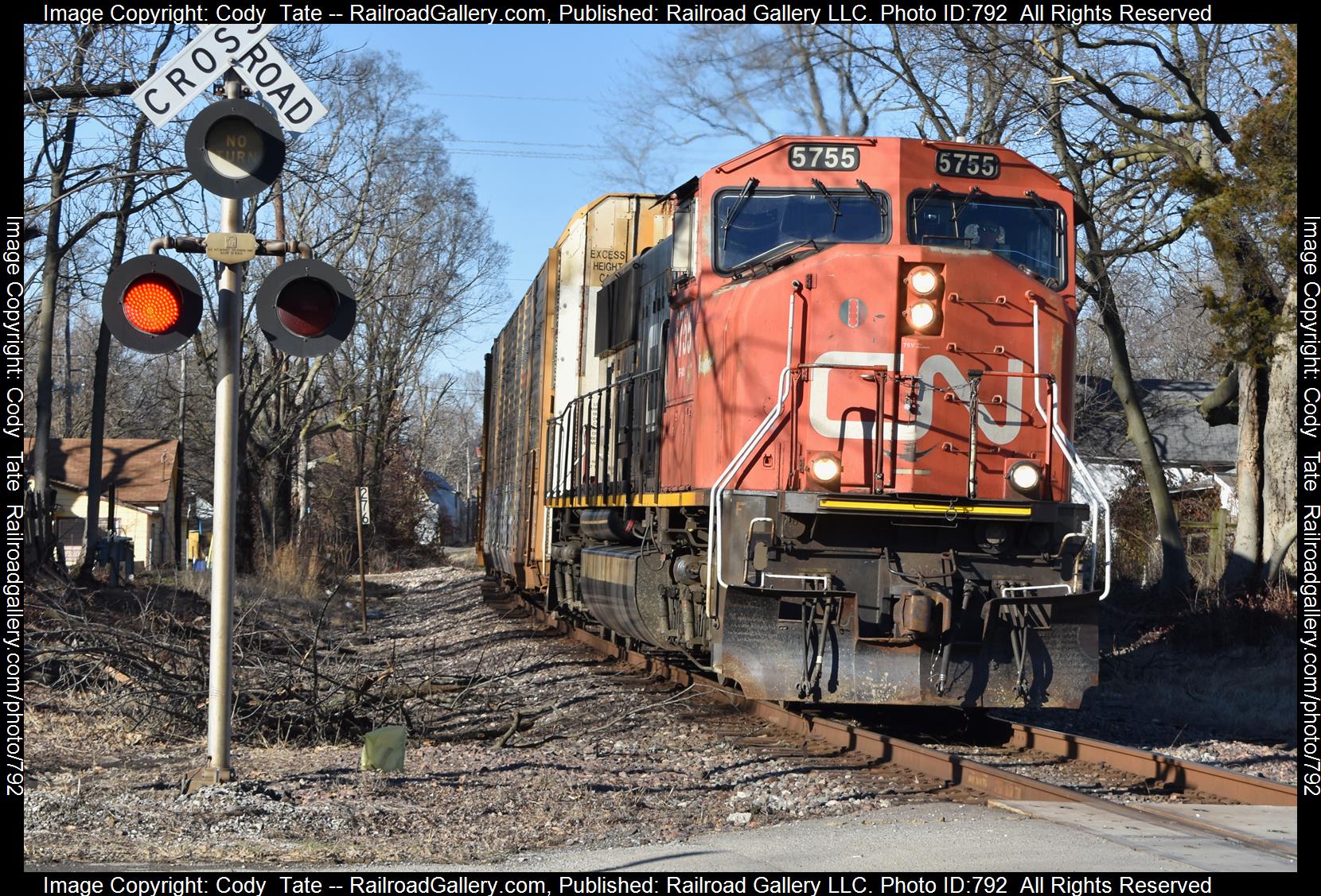 CN 5755 is a class SD75I and  is pictured in Mount Vernon , Illinois, USA.  This was taken along the UP Salem sub on the Canadian National Railway. Photo Copyright: Cody  Tate uploaded to Railroad Gallery on 03/02/2023. This photograph of CN 5755 was taken on Saturday, February 11, 2023. All Rights Reserved. 