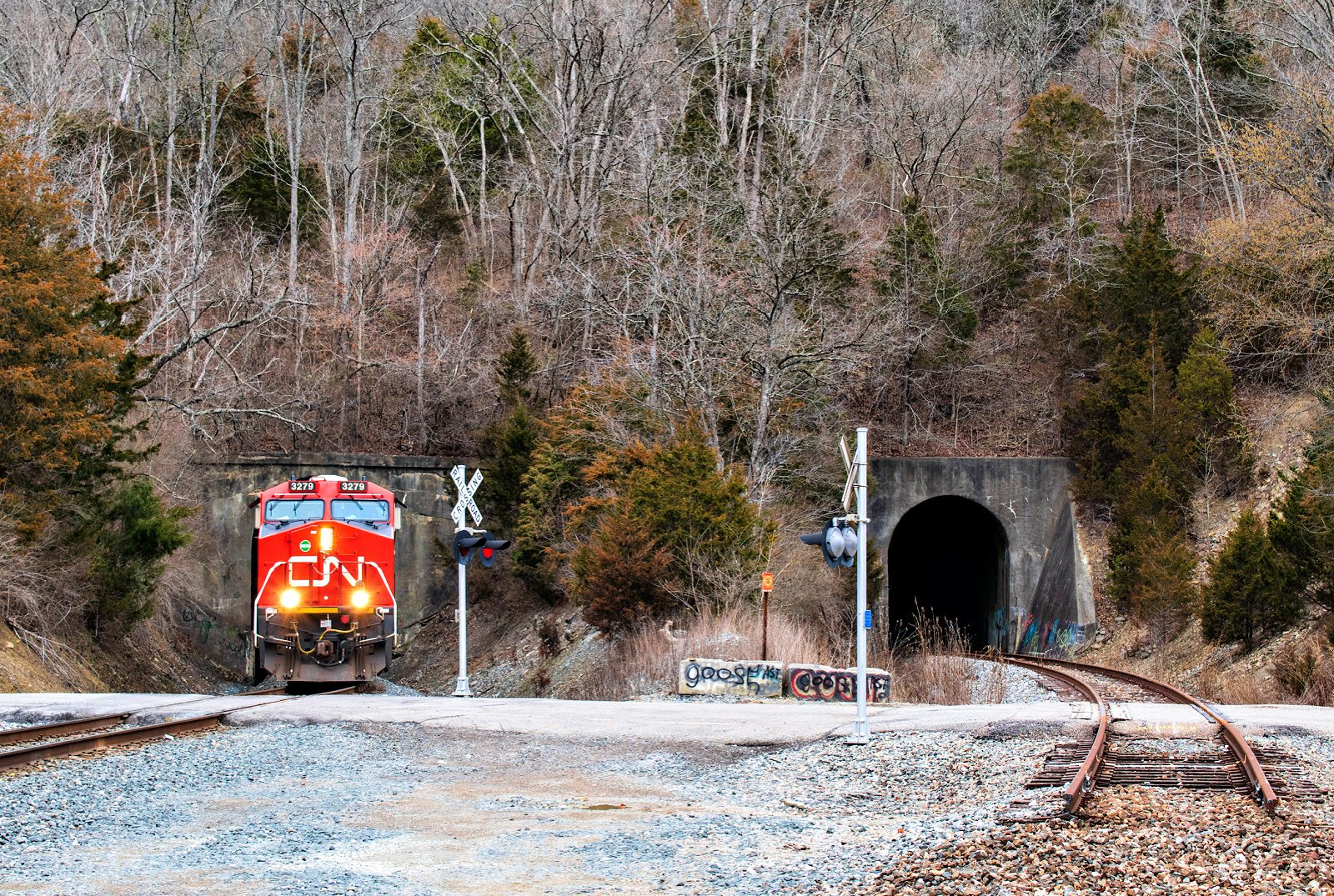 CN 3279 is a class GE ET44AC and  is pictured in Grants Bend, Kentucky, United States.  This was taken along the CC Subdivision on the CSX Transportation. Photo Copyright: David Rohdenburg uploaded to Railroad Gallery on 03/03/2023. This photograph of CN 3279 was taken on Tuesday, February 28, 2023. All Rights Reserved. 