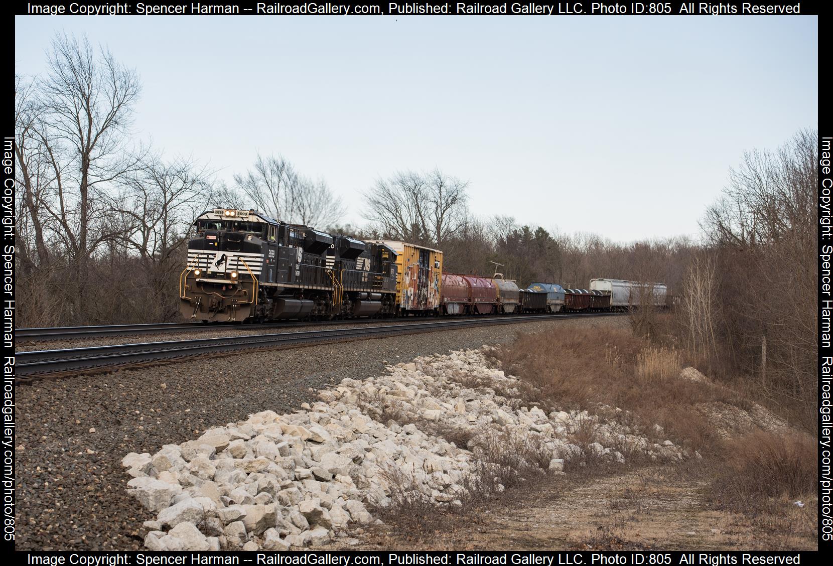 NS 2699 is a class EMD SD70M-2 and  is pictured in Otis, Indiana, USA.  This was taken along the Chicago Line on the Norfolk Southern. Photo Copyright: Spencer Harman uploaded to Railroad Gallery on 03/05/2023. This photograph of NS 2699 was taken on Sunday, March 05, 2023. All Rights Reserved. 