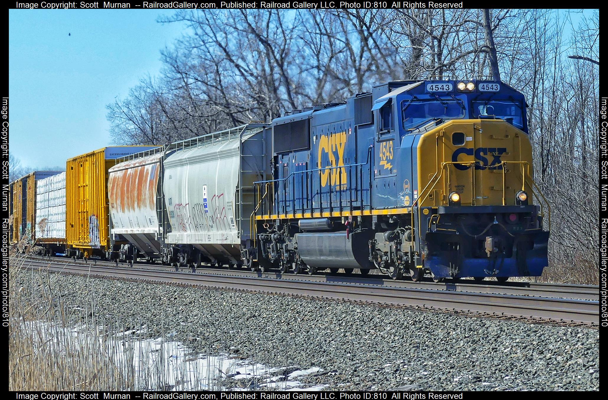 CSX 4543 is a class EMD SD70MAC and  is pictured in Macedon, New York, United States.  This was taken along the Rochester Subdivision  on the CSX Transportation. Photo Copyright: Scott  Murnan  uploaded to Railroad Gallery on 03/07/2023. This photograph of CSX 4543 was taken on Tuesday, March 07, 2023. All Rights Reserved. 