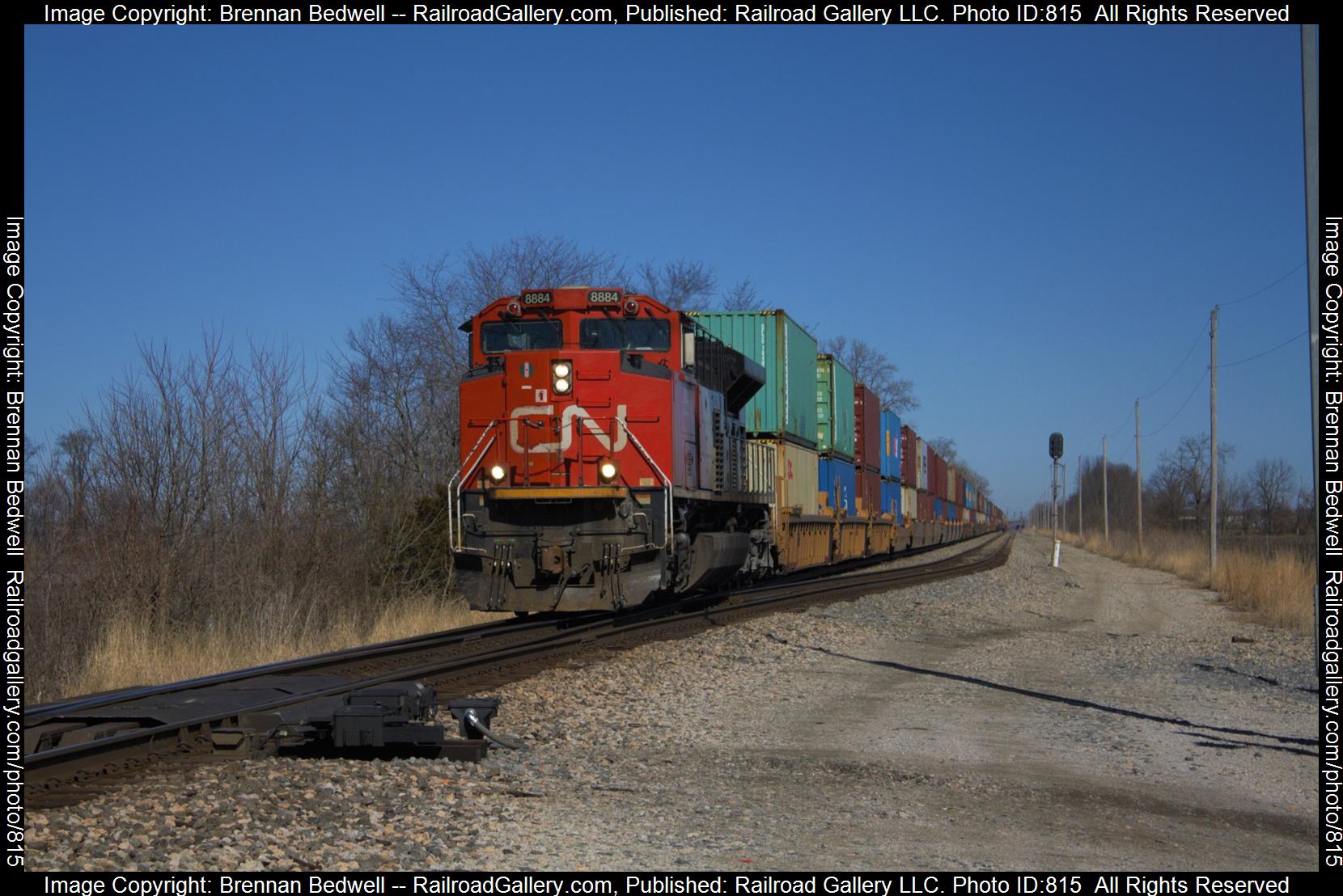 CN 8884 is a class SD70M-2 and  is pictured in Effingham, Illinois, United States.  This was taken along the Champaign Subdivison  on the Canadian National Railway. Photo Copyright: Brennan Bedwell uploaded to Railroad Gallery on 03/08/2023. This photograph of CN 8884 was taken on Sunday, February 12, 2023. All Rights Reserved. 