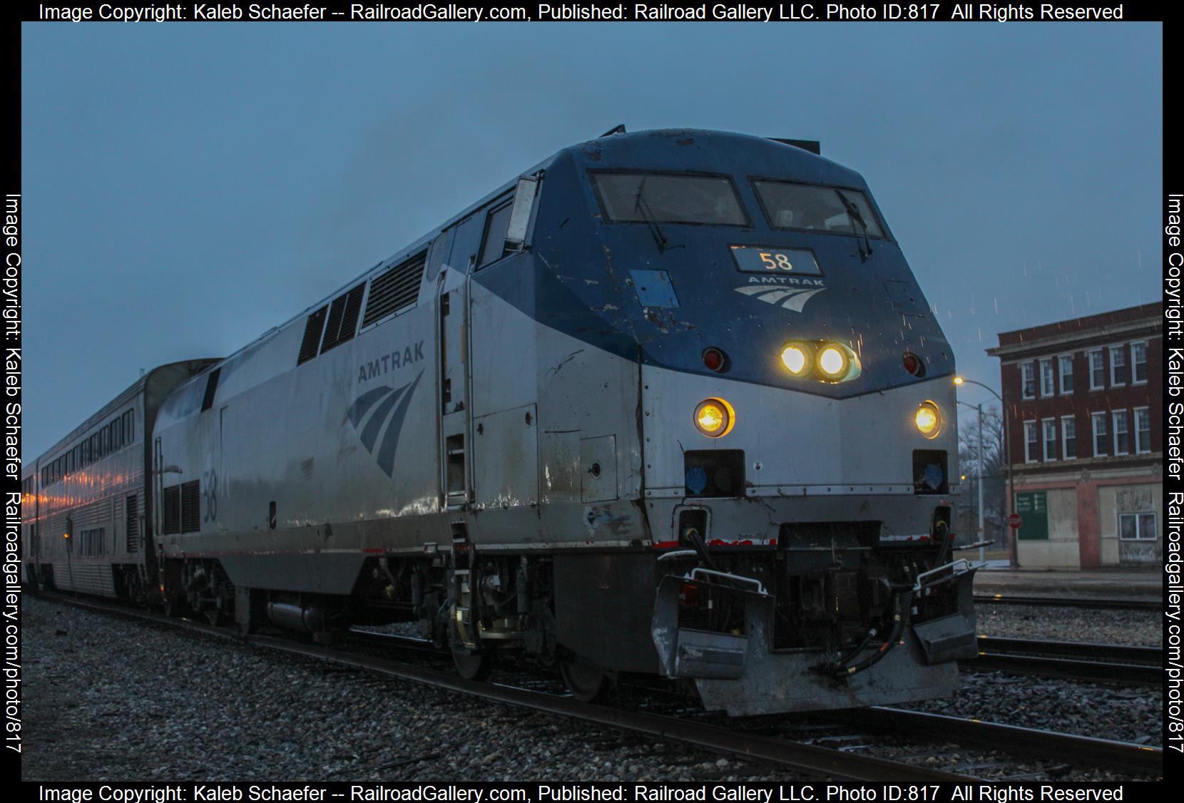 58 is a class P42DC  and  is pictured in Centralia , Illinois, USA.  This was taken along the CN Centralia Subdivision  on the Canadian National Railway. Photo Copyright: Kaleb Schaefer uploaded to Railroad Gallery on 03/08/2023. This photograph of 58 was taken on Wednesday, February 08, 2023. All Rights Reserved. 