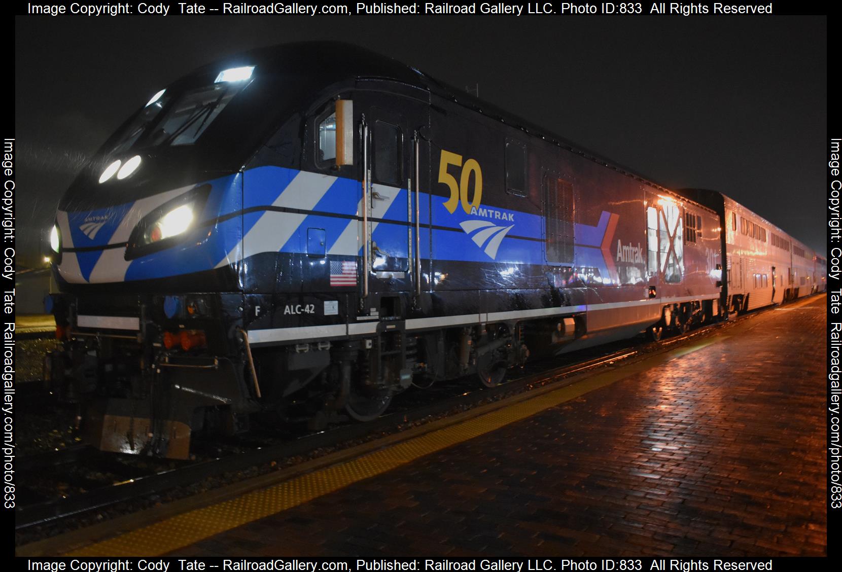 Amtrak 301 is a class ALC-42 and  is pictured in Centralia, Illinois, USA.  This was taken along the Centralia subdivision  on the Amtrak. Photo Copyright: Cody  Tate uploaded to Railroad Gallery on 03/11/2023. This photograph of Amtrak 301 was taken on Saturday, March 11, 2023. All Rights Reserved. 