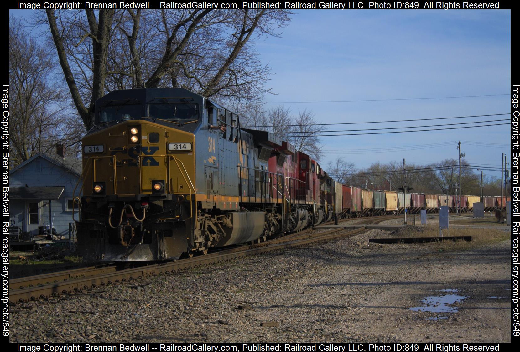 CSX 314 is a class AC44CW and  is pictured in Vincennes, Indiana, United States.  This was taken along the CE&D Subdivision  on the CSX Transportation. Photo Copyright: Brennan Bedwell uploaded to Railroad Gallery on 03/16/2023. This photograph of CSX 314 was taken on Sunday, March 05, 2023. All Rights Reserved. 