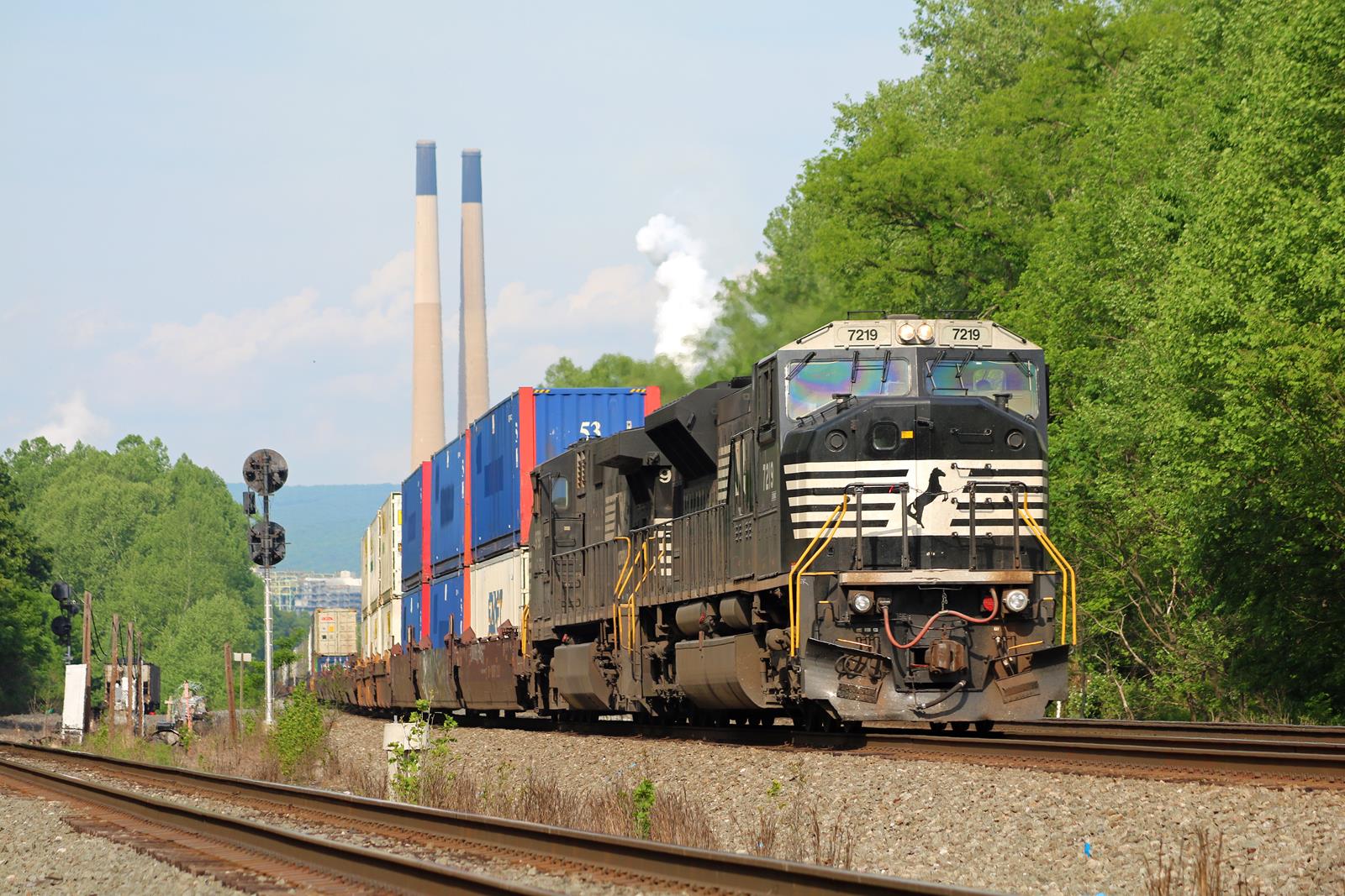 NS 7219 is a class EMD SD80MAC and  is pictured in New Florence, Pennsylvania, United States.  This was taken along the Pittsburgh Line on the Norfolk Southern. Photo Copyright: Adam Klimchock uploaded to Railroad Gallery on 11/13/2022. This photograph of NS 7219 was taken on Monday, May 28, 2018. All Rights Reserved. 