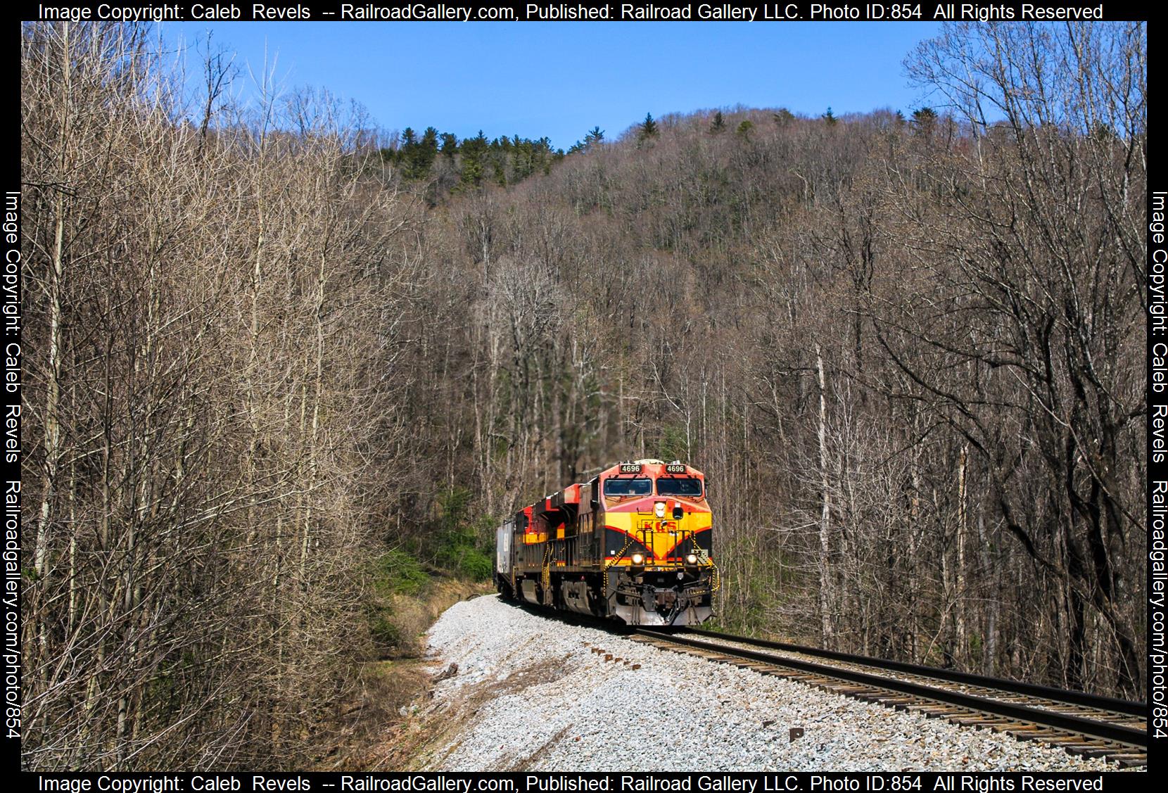 KCS 4696 is a class ES44AC and  is pictured in Altapass , North Carolina , USA.  This was taken along the CSX Blue Ridge Subdivision  on the CSX Transportation. Photo Copyright: Caleb  Revels  uploaded to Railroad Gallery on 03/18/2023. This photograph of KCS 4696 was taken on Saturday, March 11, 2023. All Rights Reserved. 